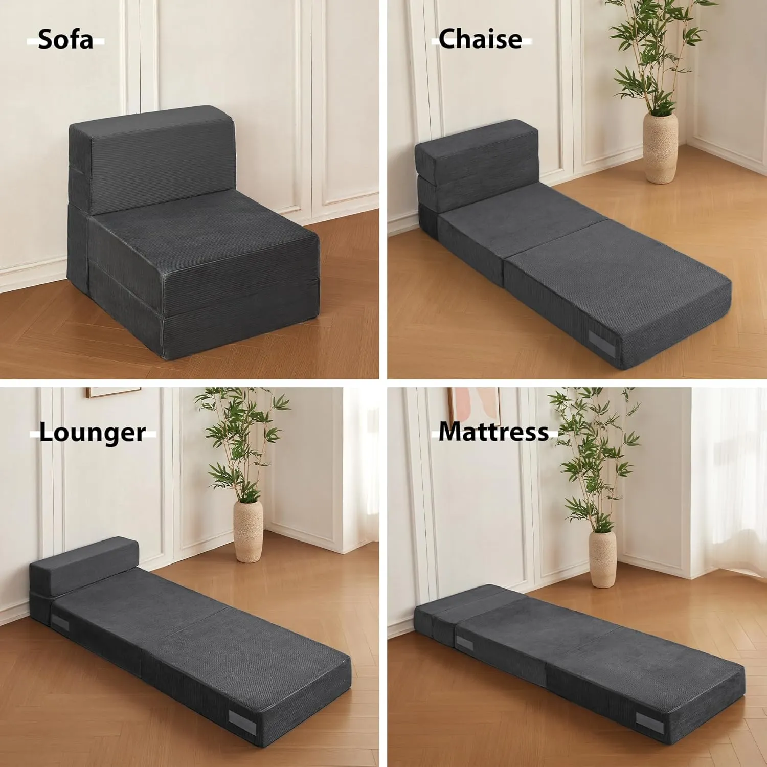 COOVA Folding Sofa Bed Single Size - Memory Foam Futon Sleeper Chair Guest Bed with Washable Cover, Floor Sofa and Sleeping Mat for Living Room/Office/Guest Room/Apartment,Stripes Light Grey