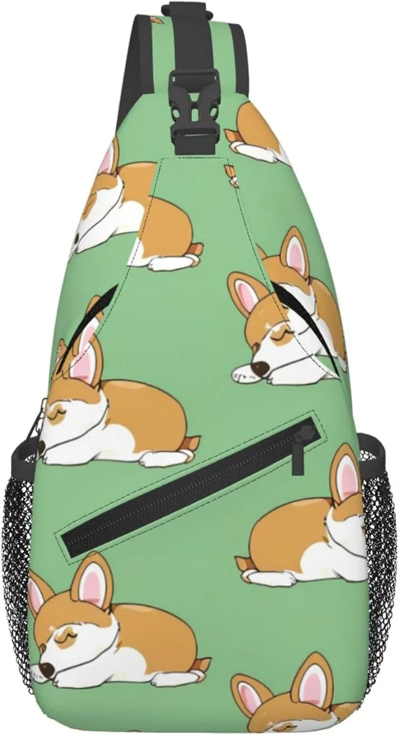 Corgi Sleeping Sling Bag for women and Men, Cute Dog Crossbody Chest Bag Water Resistant, Lightweight Sling Purse for Travel Hiking Gym Everyday Use
