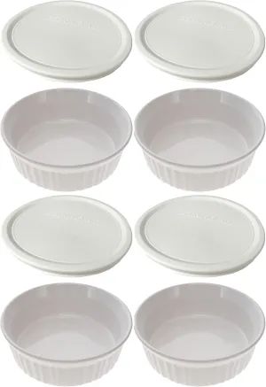 Corningware (4) 24oz/708 ml Round French White Casserole Dishes, & (4) F-24 24oz French White Lids