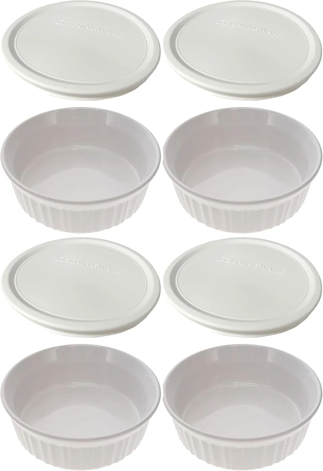 Corningware (4) 24oz/708 ml Round French White Casserole Dishes, & (4) F-24 24oz French White Lids