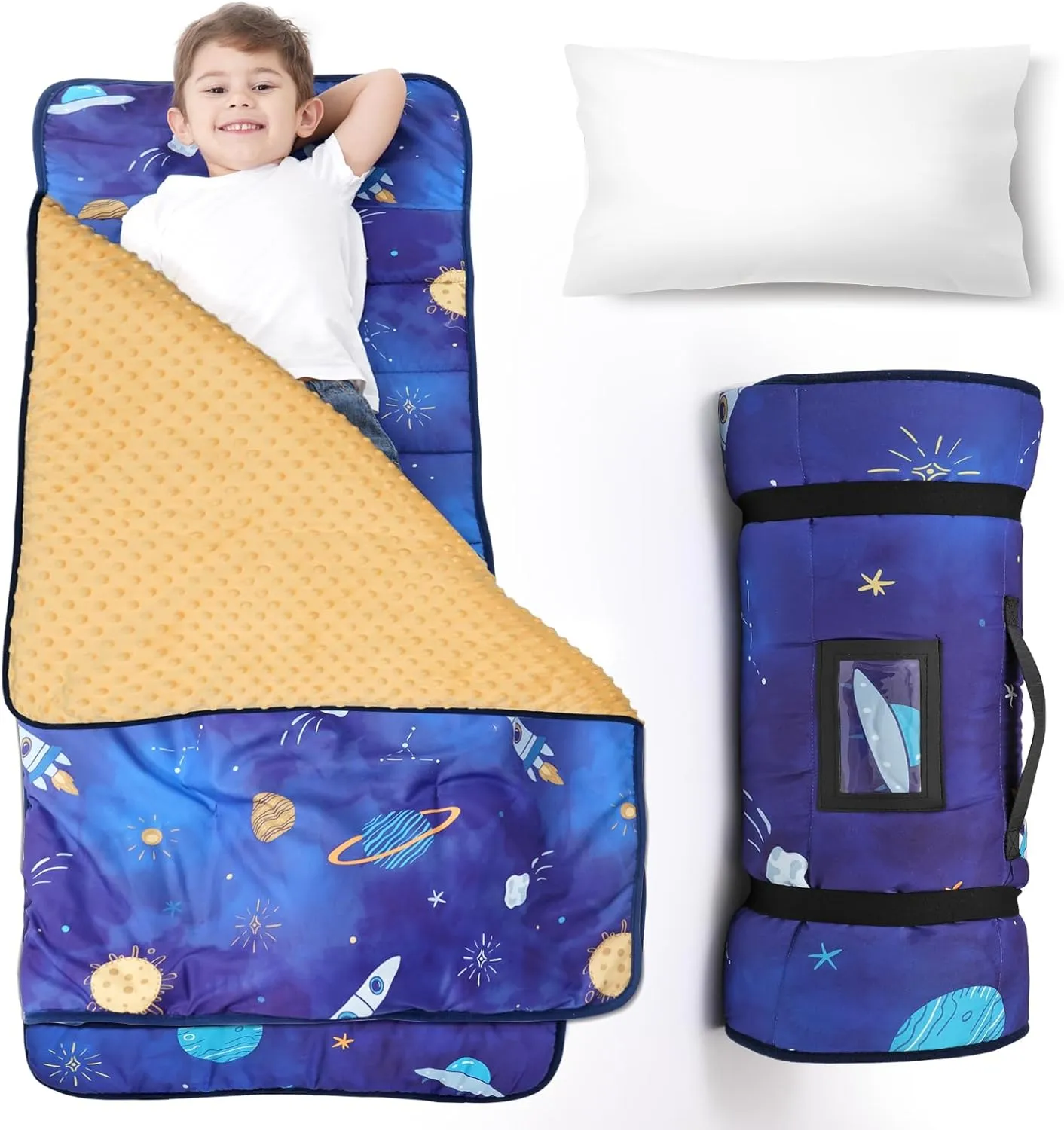 COSMOPLUS Toddler Nap Mat for Daycare: Kids Sleeping Bag with Pillow and Blanket Set for Preschool Kindergarten Boys Girls Travel Naptime Extra Long Thick Padded Easy Roll up
