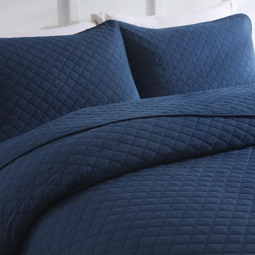 Cotton King Quilt Bedding Sets, 3 Pieces Reversible Lightweight Coverlets Comforters Bedspreads for All Seasons, Geometric Stitching Pattern, Navy Blue