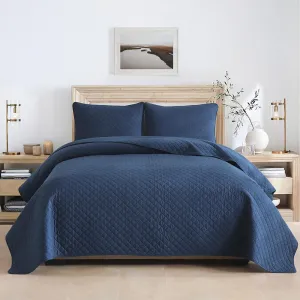 Cotton King Quilt Bedding Sets, 3 Pieces Reversible Lightweight Coverlets Comforters Bedspreads for All Seasons, Geometric Stitching Pattern, Navy Blue