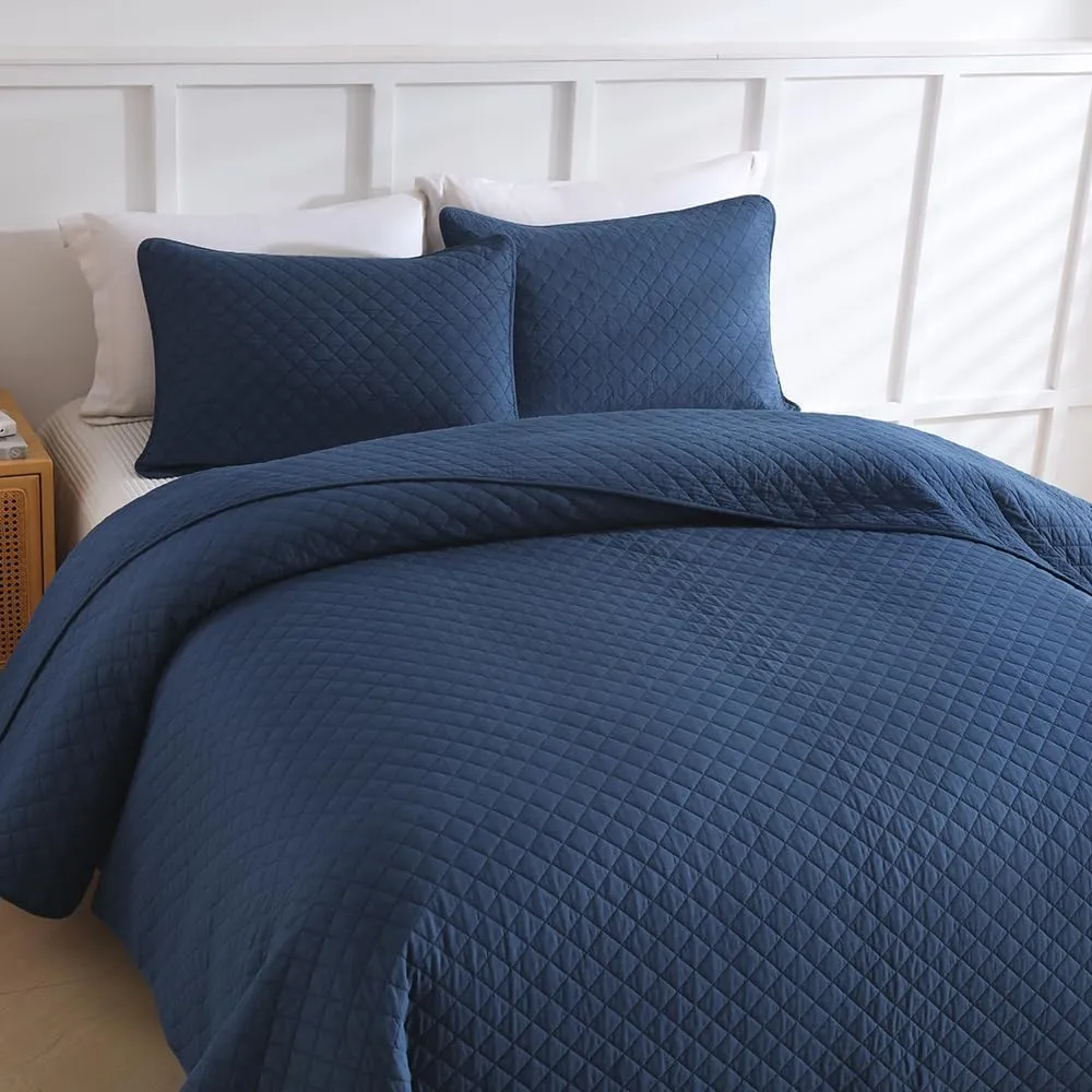 Cotton King Quilt Bedding Sets, 3 Pieces Reversible Lightweight Coverlets Comforters Bedspreads for All Seasons, Geometric Stitching Pattern, Navy Blue