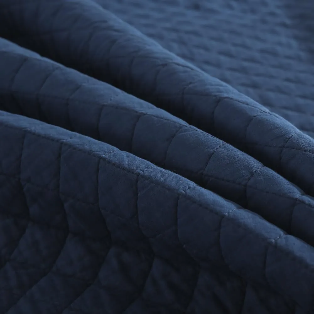 Cotton King Quilt Bedding Sets, 3 Pieces Reversible Lightweight Coverlets Comforters Bedspreads for All Seasons, Geometric Stitching Pattern, Navy Blue