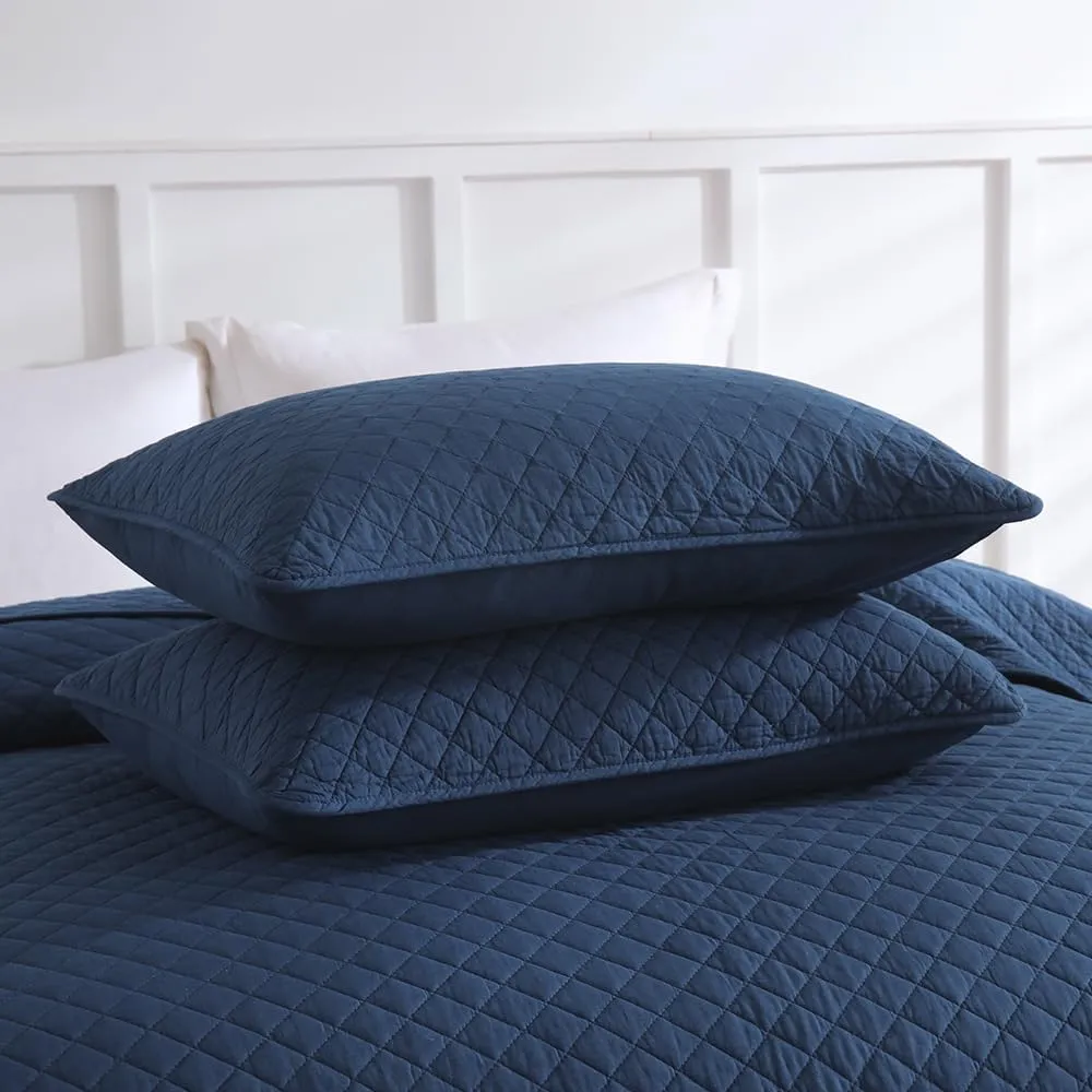 Cotton King Quilt Bedding Sets, 3 Pieces Reversible Lightweight Coverlets Comforters Bedspreads for All Seasons, Geometric Stitching Pattern, Navy Blue