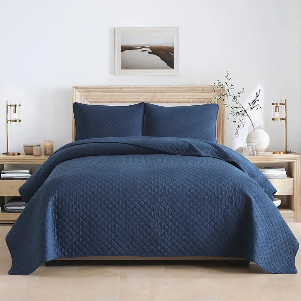 Cotton King Quilt Bedding Sets, 3 Pieces Reversible Lightweight Coverlets Comforters Bedspreads for All Seasons, Geometric Stitching Pattern, Navy Blue