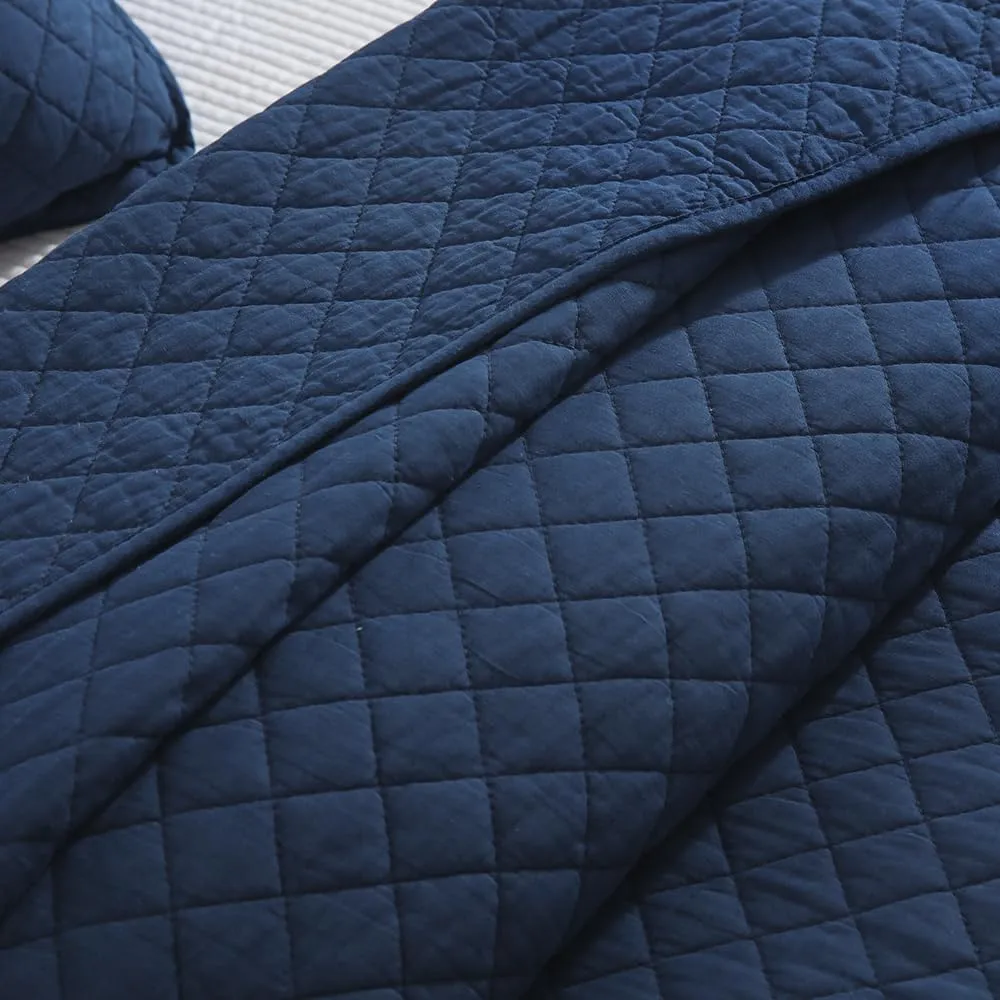 Cotton King Quilt Bedding Sets, 3 Pieces Reversible Lightweight Coverlets Comforters Bedspreads for All Seasons, Geometric Stitching Pattern, Navy Blue