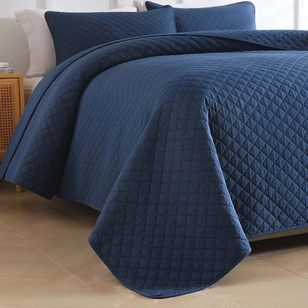 Cotton King Quilt Bedding Sets, 3 Pieces Reversible Lightweight Coverlets Comforters Bedspreads for All Seasons, Geometric Stitching Pattern, Navy Blue
