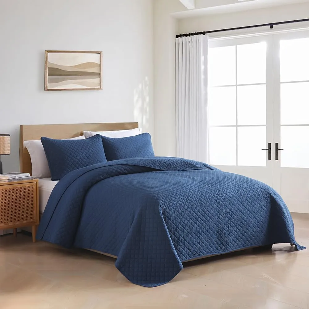 Cotton King Quilt Bedding Sets, 3 Pieces Reversible Lightweight Coverlets Comforters Bedspreads for All Seasons, Geometric Stitching Pattern, Navy Blue