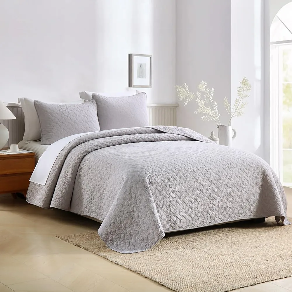 Cotton King Quilt Bedding Sets, 3 Pieces Reversible Lightweight Coverlets Comforters Bedspreads for All Seasons,Weave Stitching Pattern, Grey