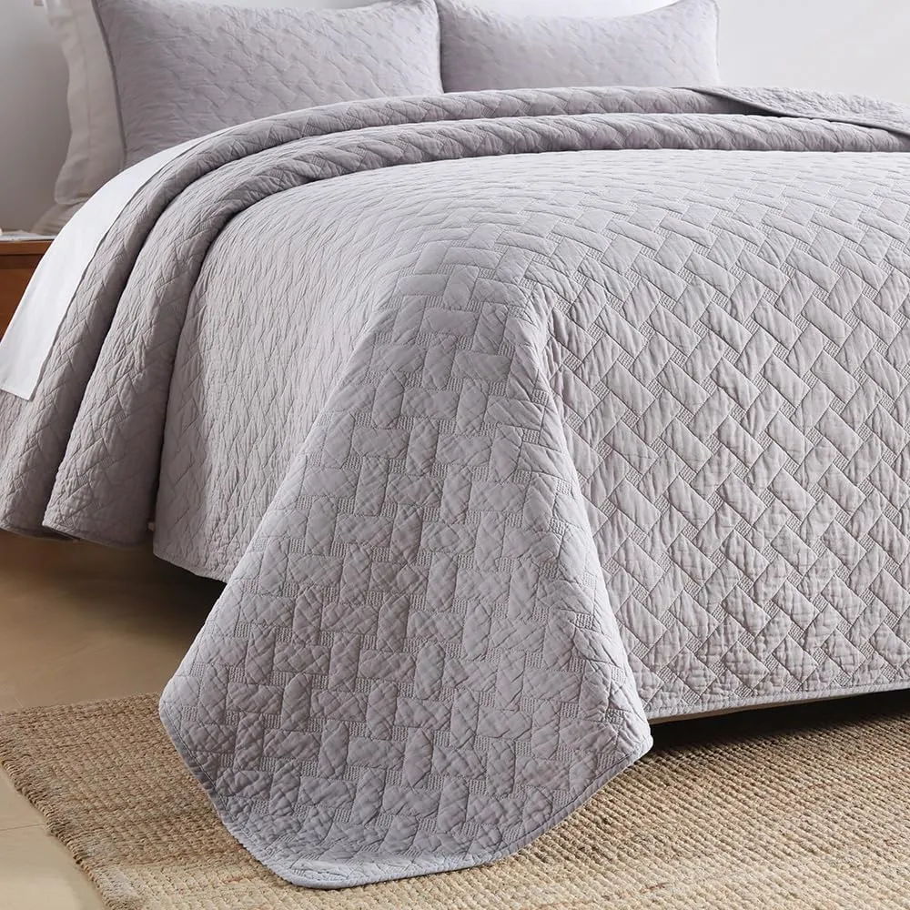 Cotton King Quilt Bedding Sets, 3 Pieces Reversible Lightweight Coverlets Comforters Bedspreads for All Seasons,Weave Stitching Pattern, Grey