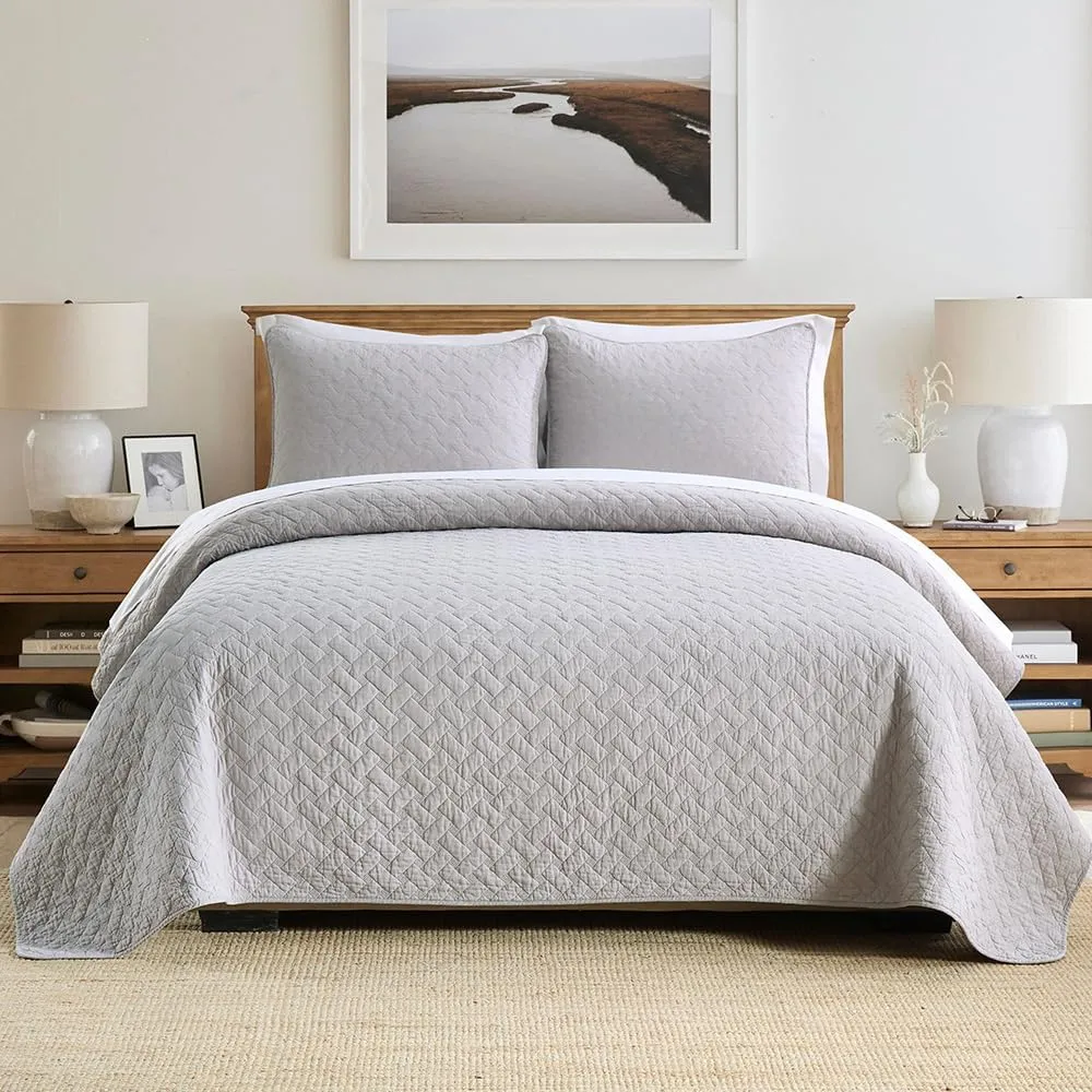 Cotton King Quilt Bedding Sets, 3 Pieces Reversible Lightweight Coverlets Comforters Bedspreads for All Seasons,Weave Stitching Pattern, Grey