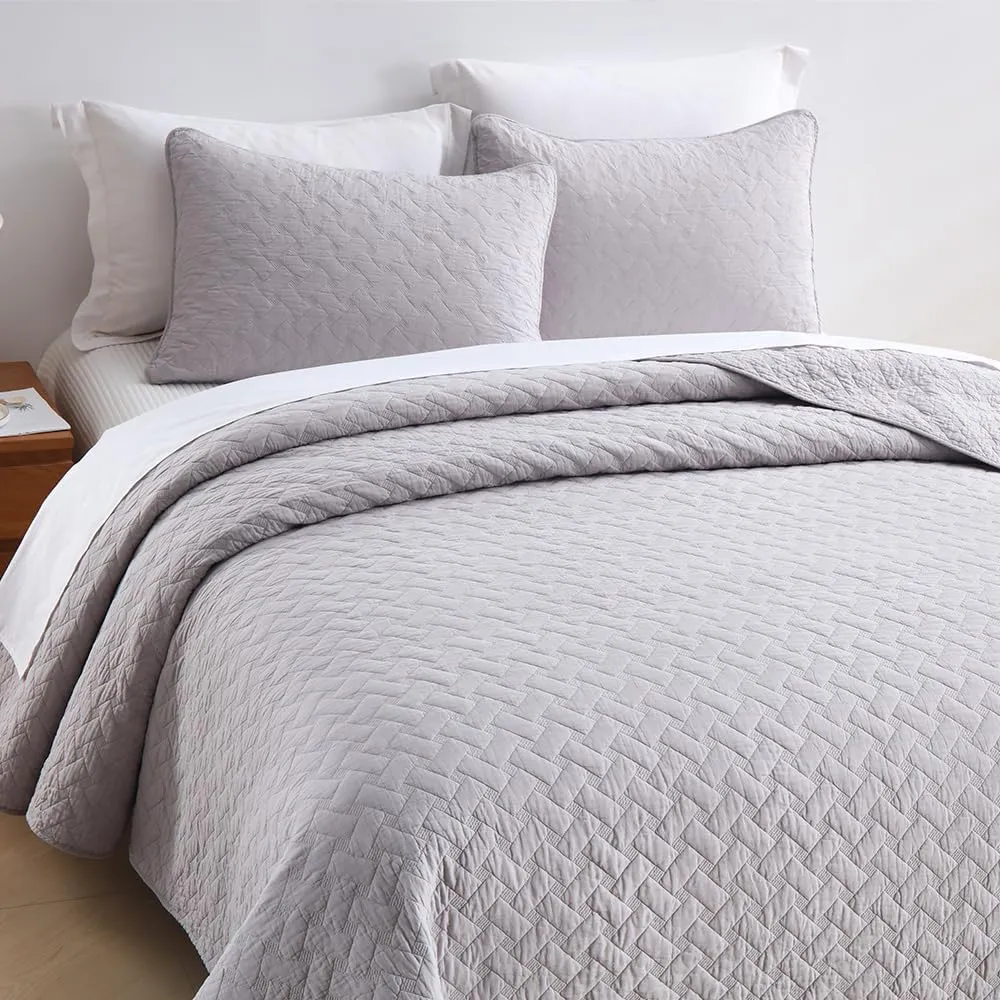 Cotton King Quilt Bedding Sets, 3 Pieces Reversible Lightweight Coverlets Comforters Bedspreads for All Seasons,Weave Stitching Pattern, Grey