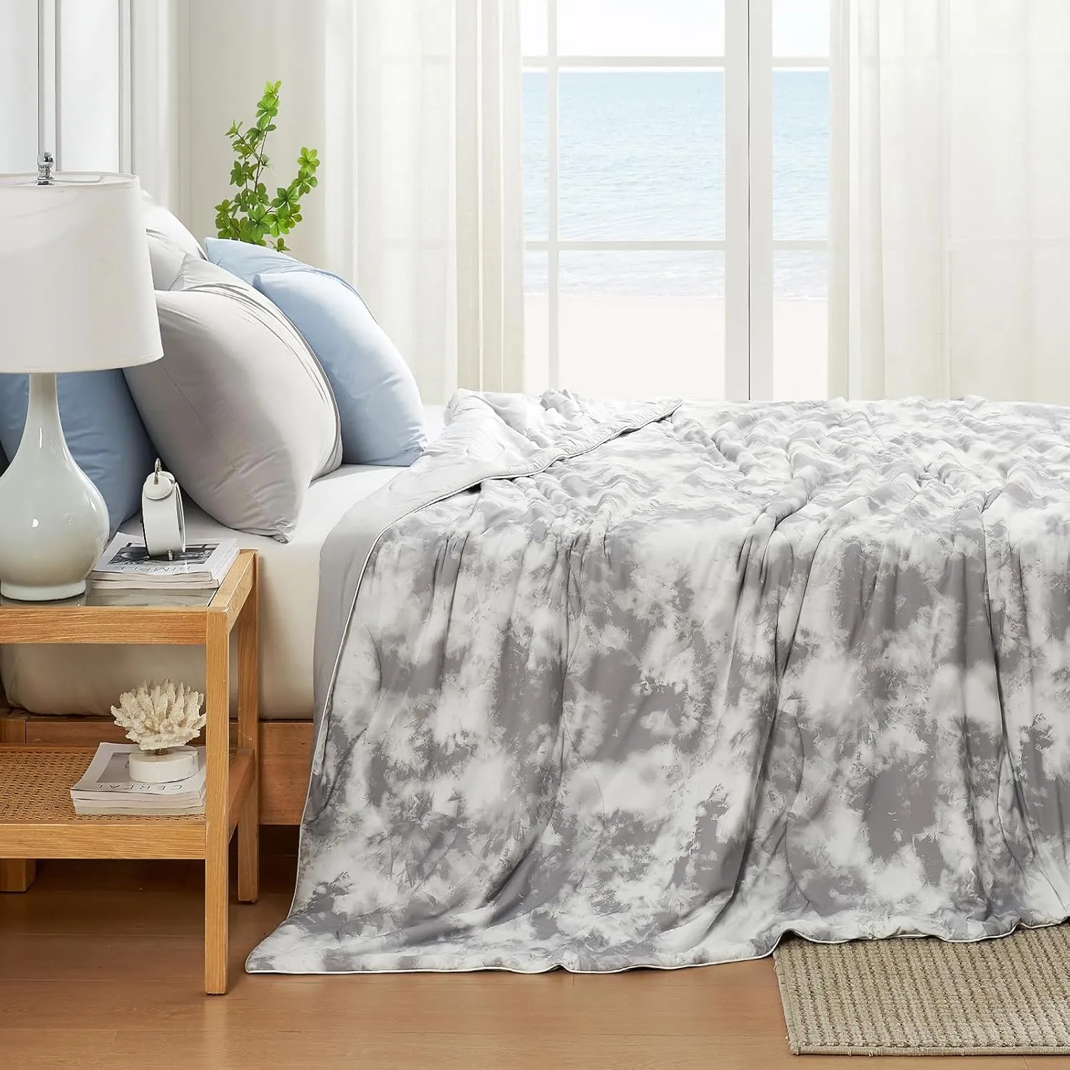Cozy Bliss Cooling Comforter Queen Size, Cooling Blankets for Hot Sleepers and Night Sweats, Tie Dye Grey Summer Comforter for Queen Size Bed, Breathable Soft Lightweight Silk Smooth