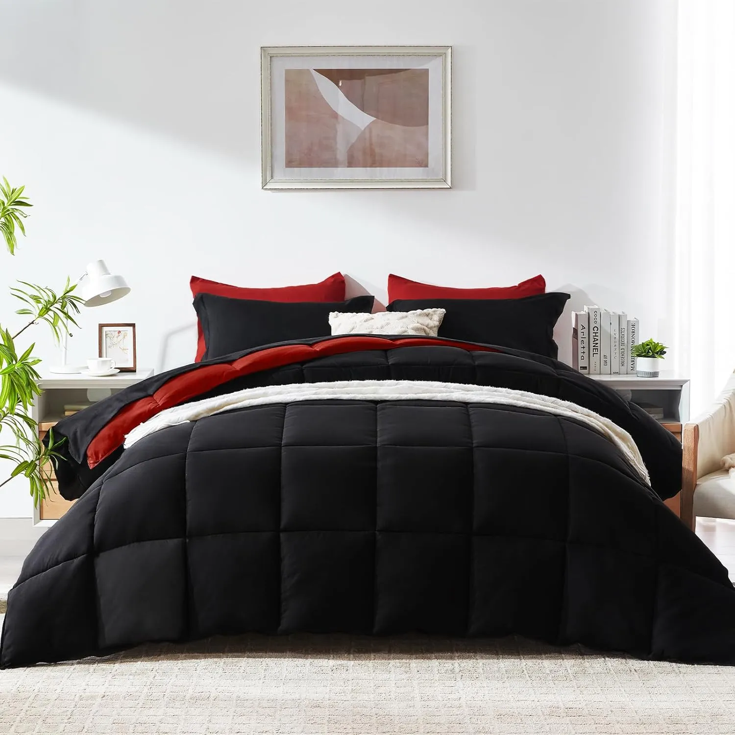 COZYART Queen Comforter Set 7 Pcs, Black and Red Bed in a Bag, All Season Lightweight Soft Reversible Bedding Sets, 1 Comforter, 1 Flat Sheet, 1 Fitted Sheet, 2 Pillow Shams, 2 Pillowcases