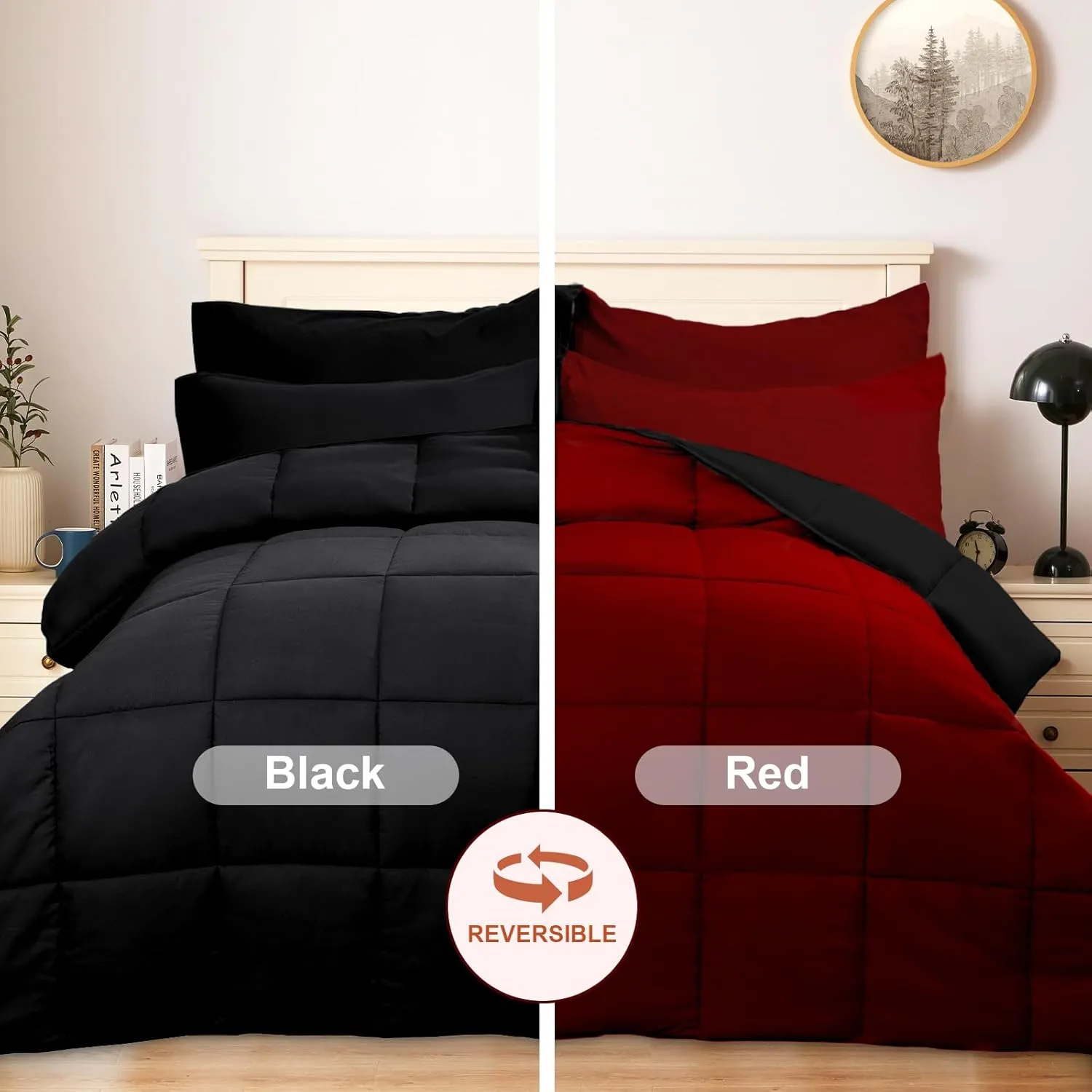 COZYART Queen Comforter Set 7 Pcs, Black and Red Bed in a Bag, All Season Lightweight Soft Reversible Bedding Sets, 1 Comforter, 1 Flat Sheet, 1 Fitted Sheet, 2 Pillow Shams, 2 Pillowcases