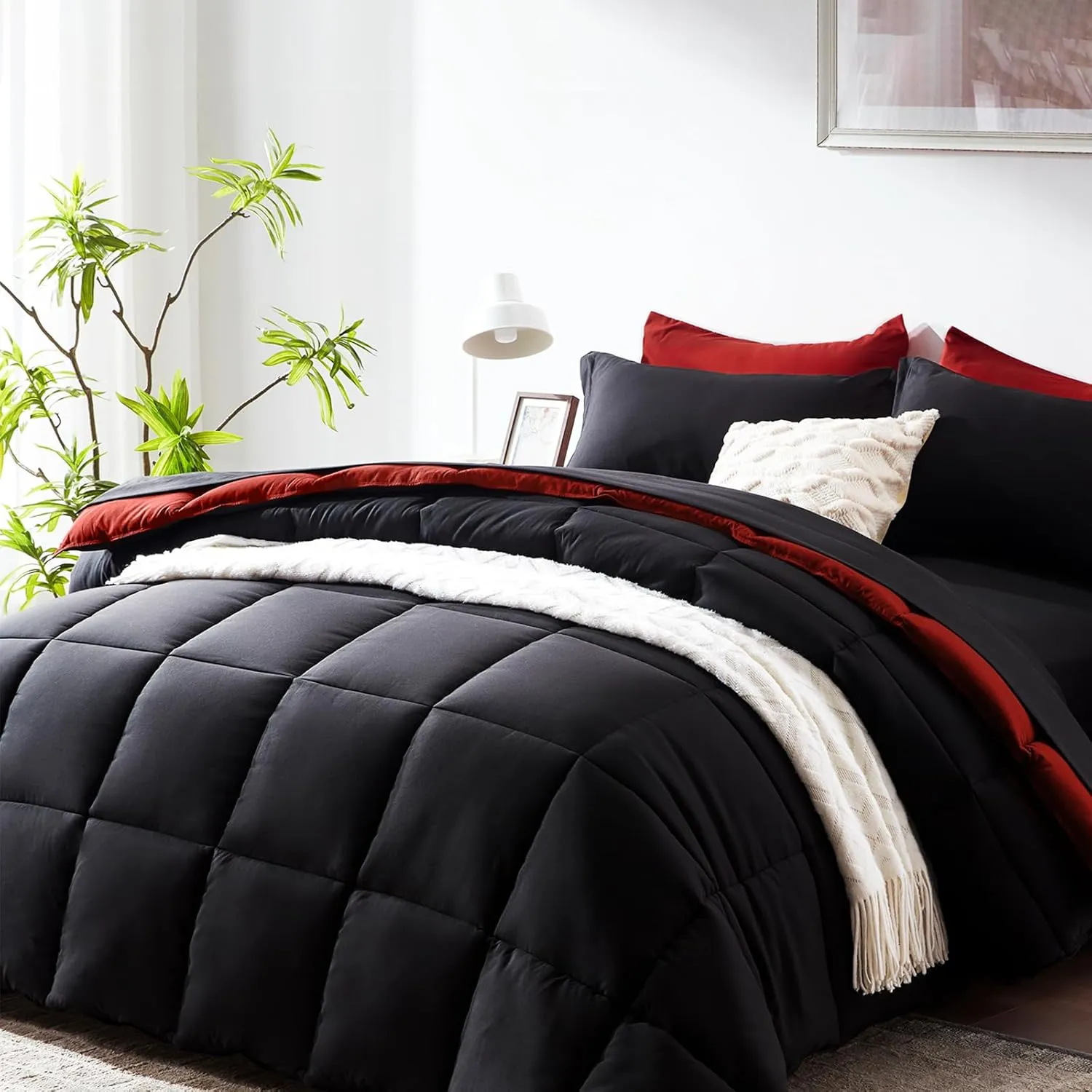 COZYART Queen Comforter Set 7 Pcs, Black and Red Bed in a Bag, All Season Lightweight Soft Reversible Bedding Sets, 1 Comforter, 1 Flat Sheet, 1 Fitted Sheet, 2 Pillow Shams, 2 Pillowcases