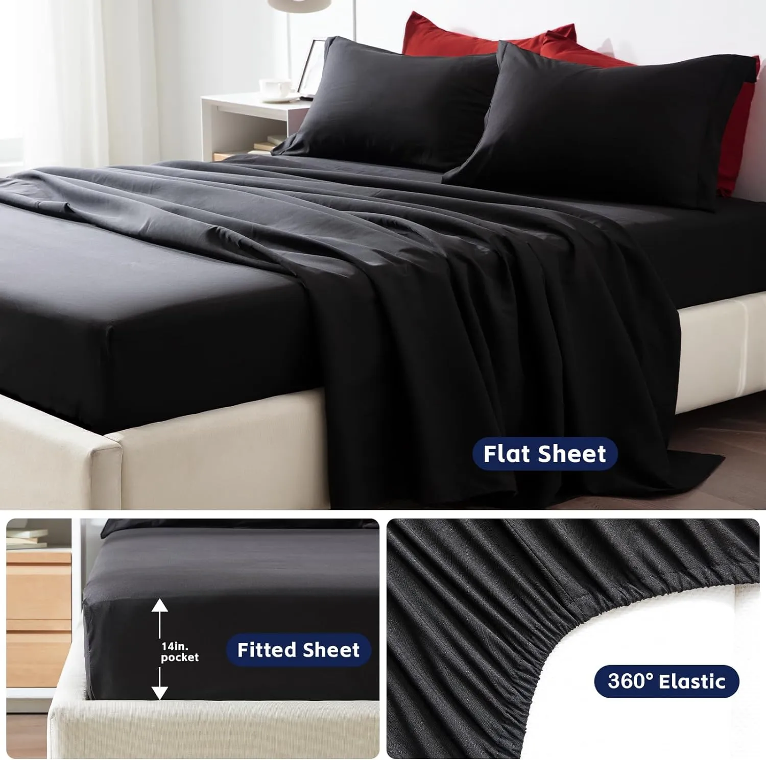 COZYART Queen Comforter Set 7 Pcs, Black and Red Bed in a Bag, All Season Lightweight Soft Reversible Bedding Sets, 1 Comforter, 1 Flat Sheet, 1 Fitted Sheet, 2 Pillow Shams, 2 Pillowcases