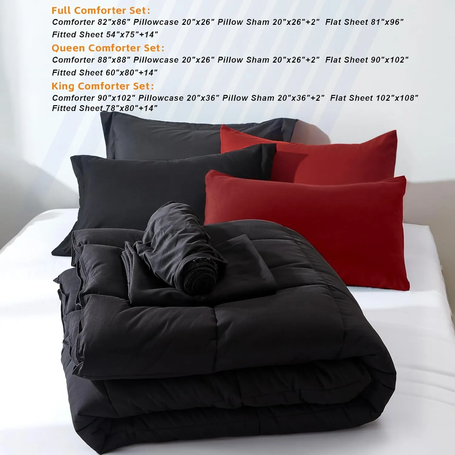 COZYART Queen Comforter Set 7 Pcs, Black and Red Bed in a Bag, All Season Lightweight Soft Reversible Bedding Sets, 1 Comforter, 1 Flat Sheet, 1 Fitted Sheet, 2 Pillow Shams, 2 Pillowcases