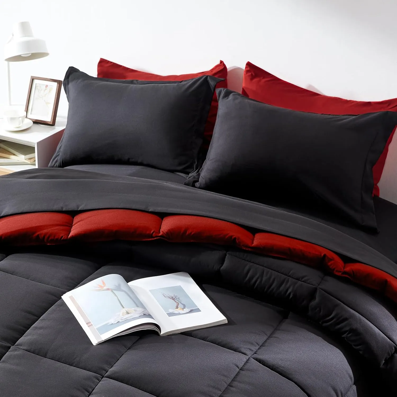 COZYART Queen Comforter Set 7 Pcs, Black and Red Bed in a Bag, All Season Lightweight Soft Reversible Bedding Sets, 1 Comforter, 1 Flat Sheet, 1 Fitted Sheet, 2 Pillow Shams, 2 Pillowcases