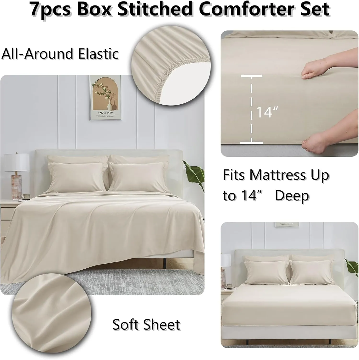 CozyLux California King Size Comforter Sets 7 Pieces Bed in a Bag Bedding Sets Cal King for All Season with Comforter, Flat Sheets, Fitted Sheet, Pillowcases & Shams Beige