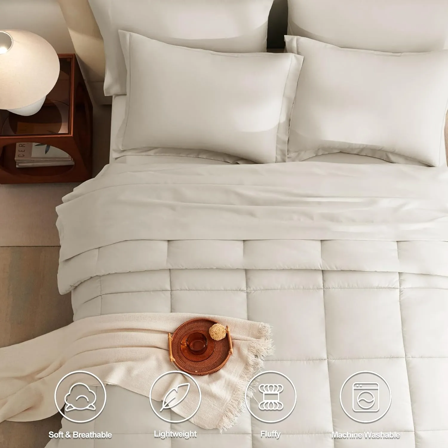 CozyLux California King Size Comforter Sets 7 Pieces Bed in a Bag Bedding Sets Cal King for All Season with Comforter, Flat Sheets, Fitted Sheet, Pillowcases & Shams Beige