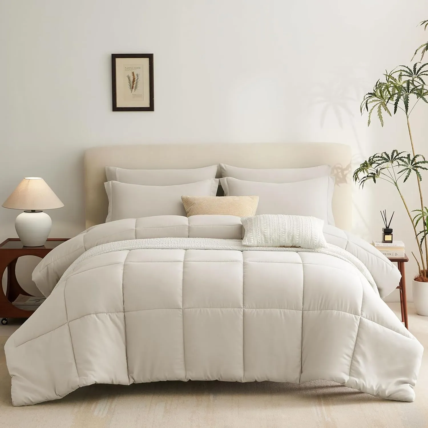 CozyLux California King Size Comforter Sets 7 Pieces Bed in a Bag Bedding Sets Cal King for All Season with Comforter, Flat Sheets, Fitted Sheet, Pillowcases & Shams Beige