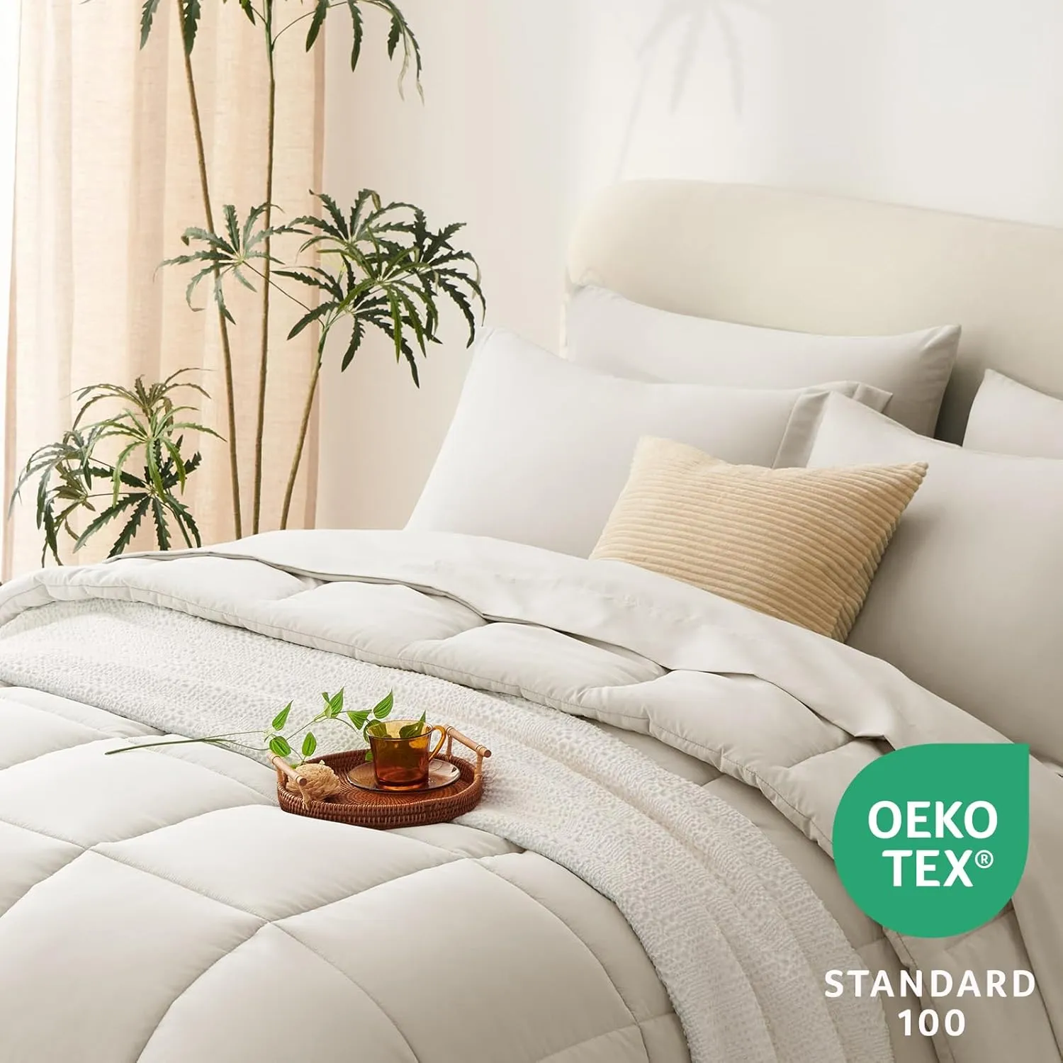 CozyLux California King Size Comforter Sets 7 Pieces Bed in a Bag Bedding Sets Cal King for All Season with Comforter, Flat Sheets, Fitted Sheet, Pillowcases & Shams Beige