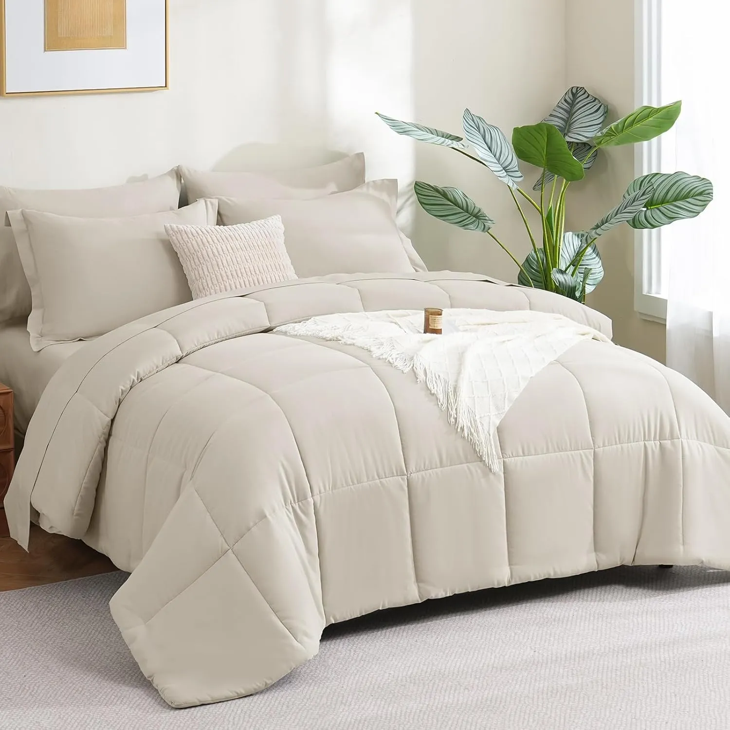 CozyLux California King Size Comforter Sets 7 Pieces Bed in a Bag Bedding Sets Cal King for All Season with Comforter, Flat Sheets, Fitted Sheet, Pillowcases & Shams Beige