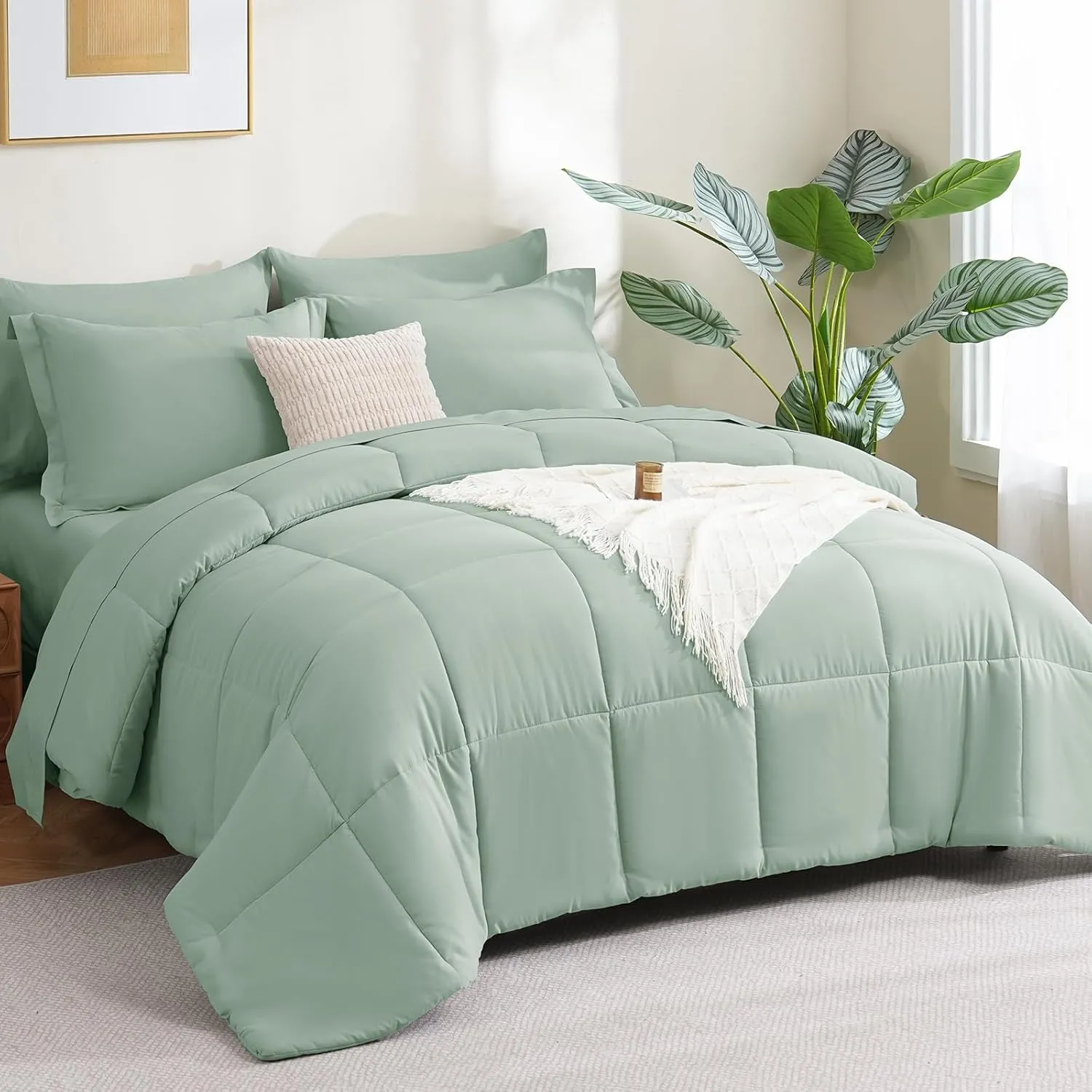 CozyLux King Size Comforter Set - 7 Pieces Bed in a Bag Sage Green King, Complete Bedding Sets Bed Set for All Season with Comforter, Flat Sheets, Fitted Sheet, Pillowcases & Shams