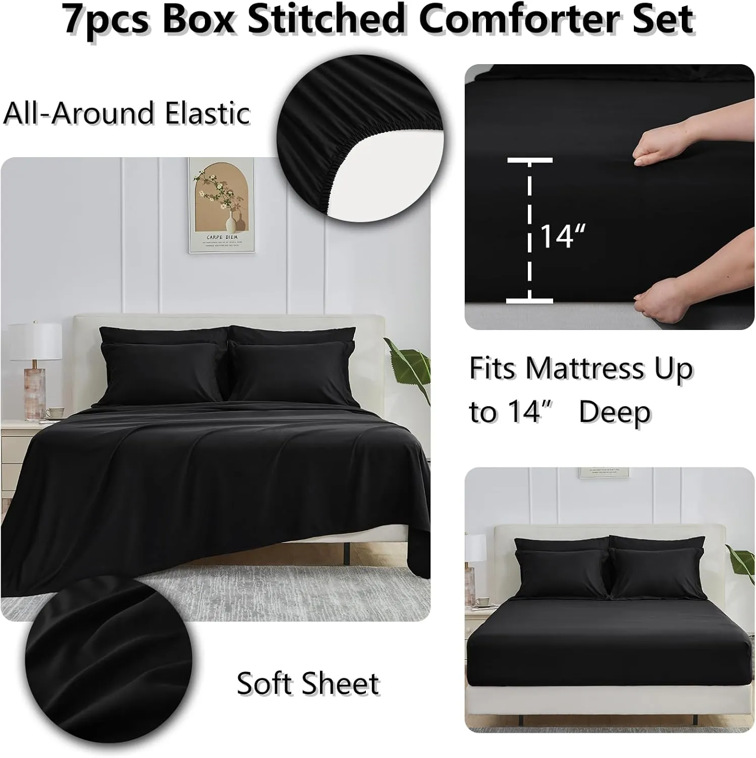CozyLux King Size Comforter Set 7 Pieces Black Comforter King Bed in a Bag King Sets Black Bed Set for All Season with Flat Sheets, Fitted Sheet, Pillowcases & Shams