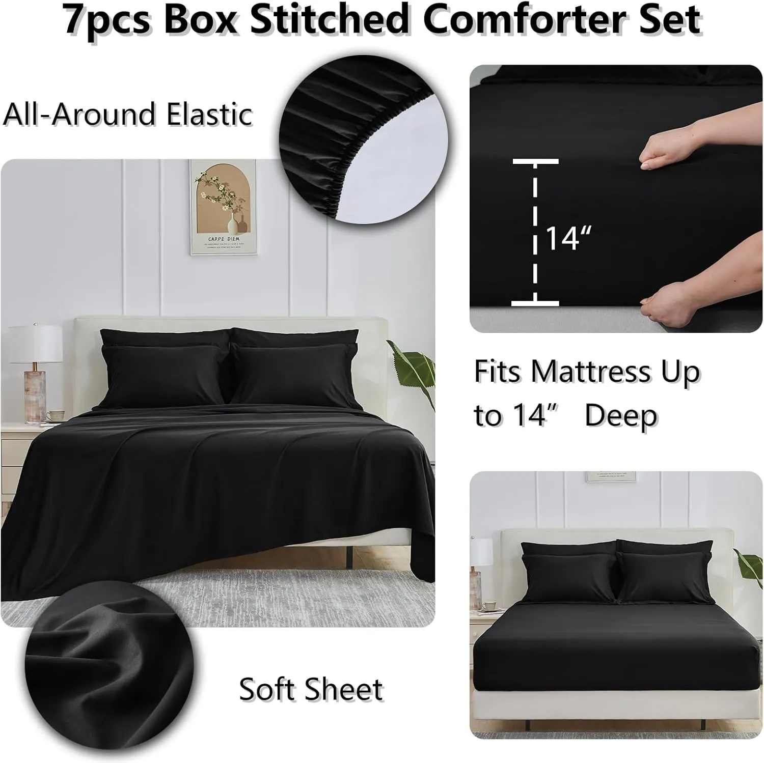 CozyLux Queen Comforter Set - 7 Pieces Bed in a Bag Set Black Queen, Complete Bedding Sets Bed Set for All Season with Comforter, Flat Sheets, Fitted Sheet, Pillowcases & Shams