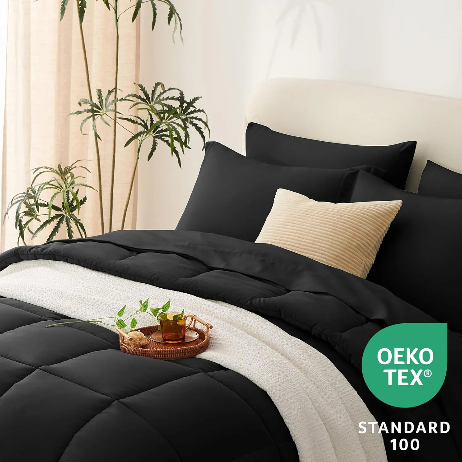 CozyLux Queen Comforter Set - 7 Pieces Bed in a Bag Set Black Queen, Complete Bedding Sets Bed Set for All Season with Comforter, Flat Sheets, Fitted Sheet, Pillowcases & Shams