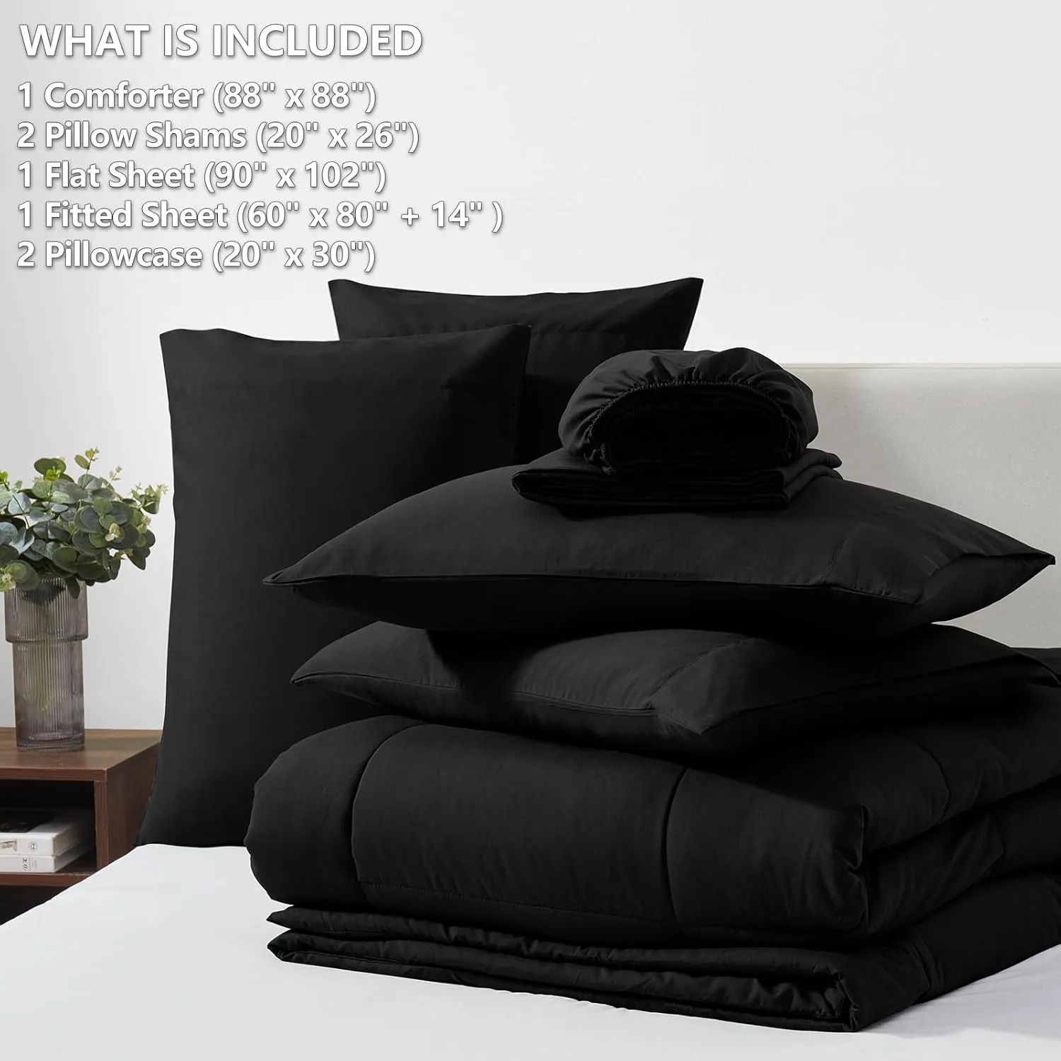 CozyLux Queen Comforter Set - 7 Pieces Bed in a Bag Set Black Queen, Complete Bedding Sets Bed Set for All Season with Comforter, Flat Sheets, Fitted Sheet, Pillowcases & Shams