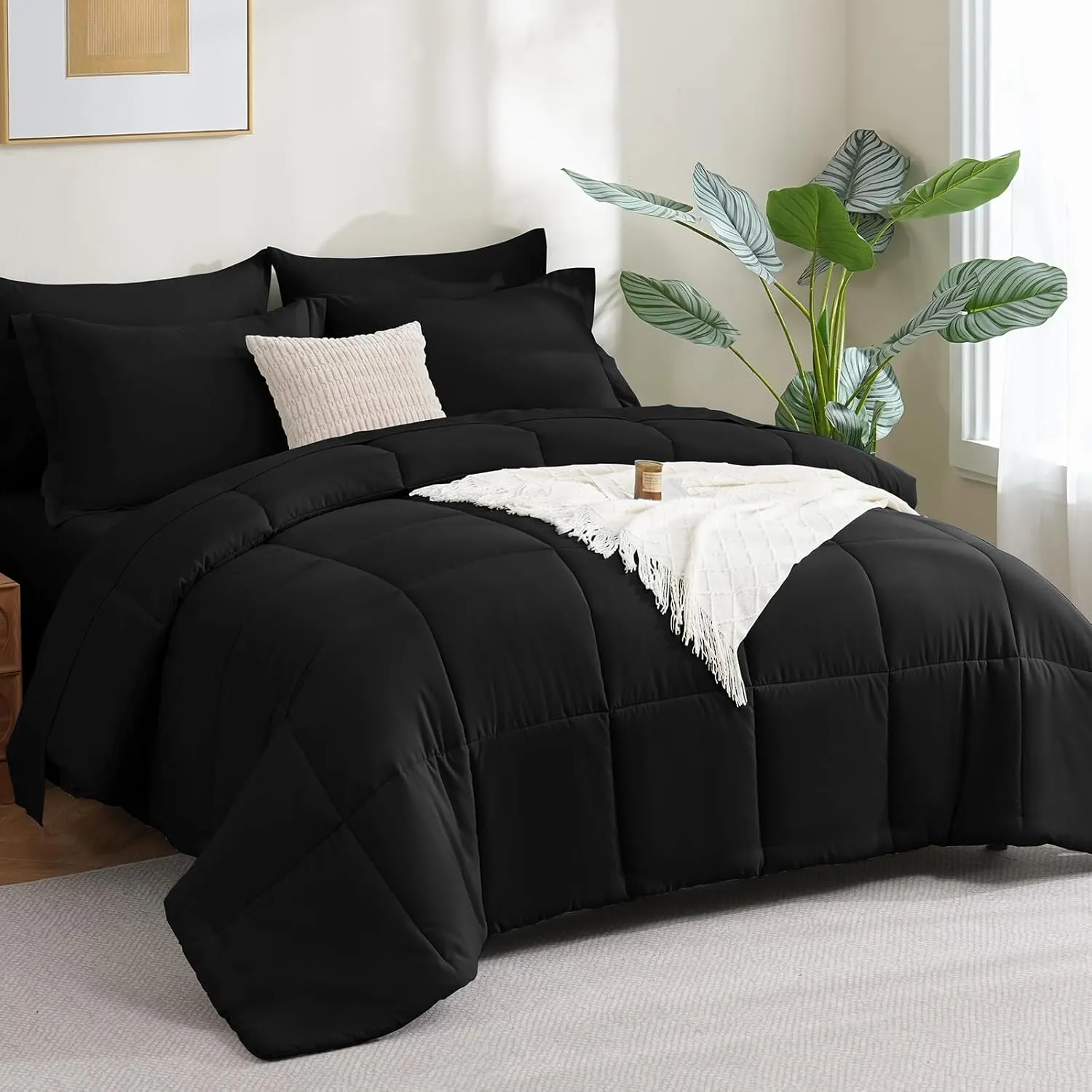 CozyLux Queen Comforter Set - 7 Pieces Bed in a Bag Set Black Queen, Complete Bedding Sets Bed Set for All Season with Comforter, Flat Sheets, Fitted Sheet, Pillowcases & Shams