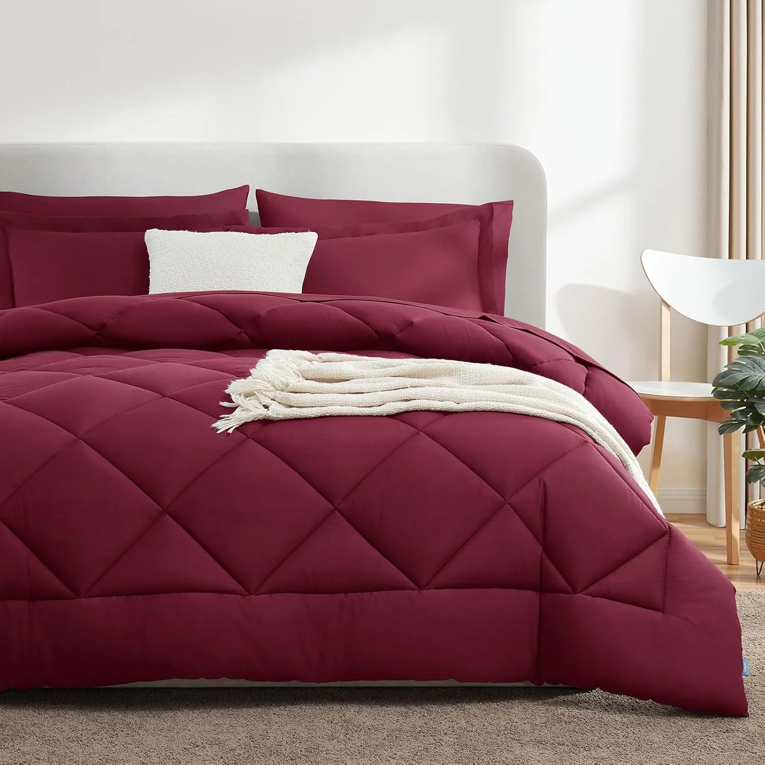 CozyLux Queen Comforter Set with Sheets 7 Pieces Bed in a Bag Burgundy All Season Bedding Sets with Comforter, Pillow Shams, Flat Sheet, Fitted Sheet and Pillowcases, Red, Queen