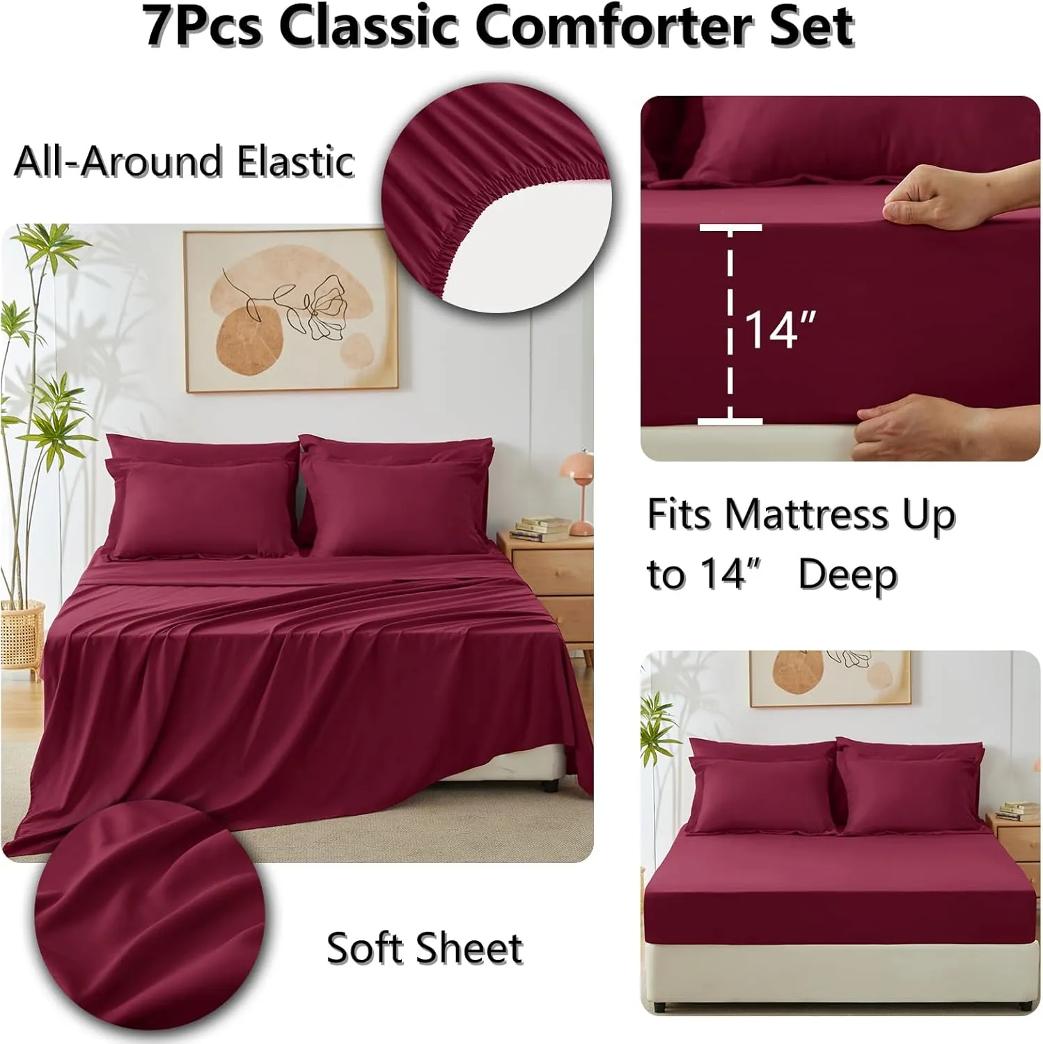 CozyLux Queen Comforter Set with Sheets 7 Pieces Bed in a Bag Burgundy All Season Bedding Sets with Comforter, Pillow Shams, Flat Sheet, Fitted Sheet and Pillowcases, Red, Queen