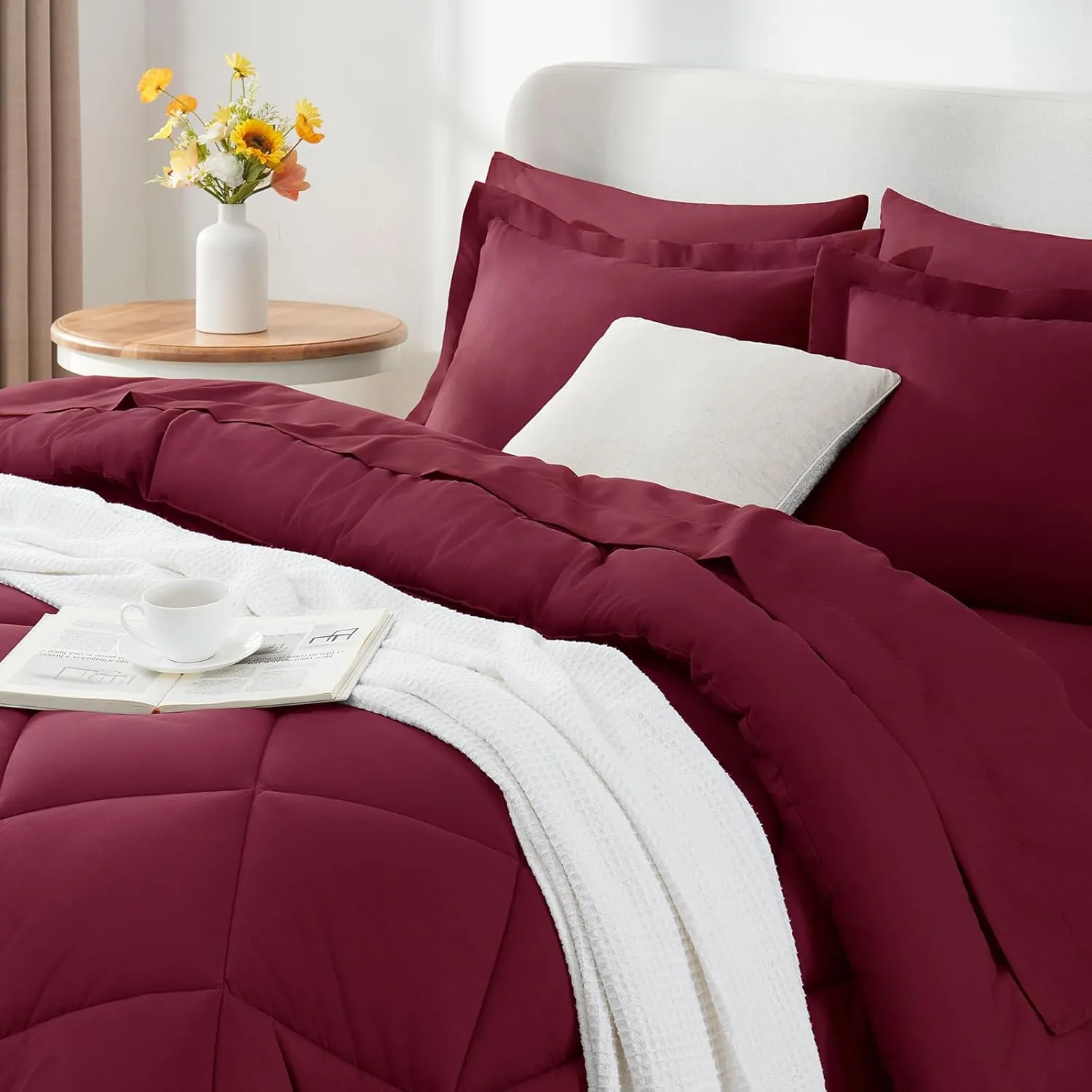 CozyLux Queen Comforter Set with Sheets 7 Pieces Bed in a Bag Burgundy All Season Bedding Sets with Comforter, Pillow Shams, Flat Sheet, Fitted Sheet and Pillowcases, Red, Queen