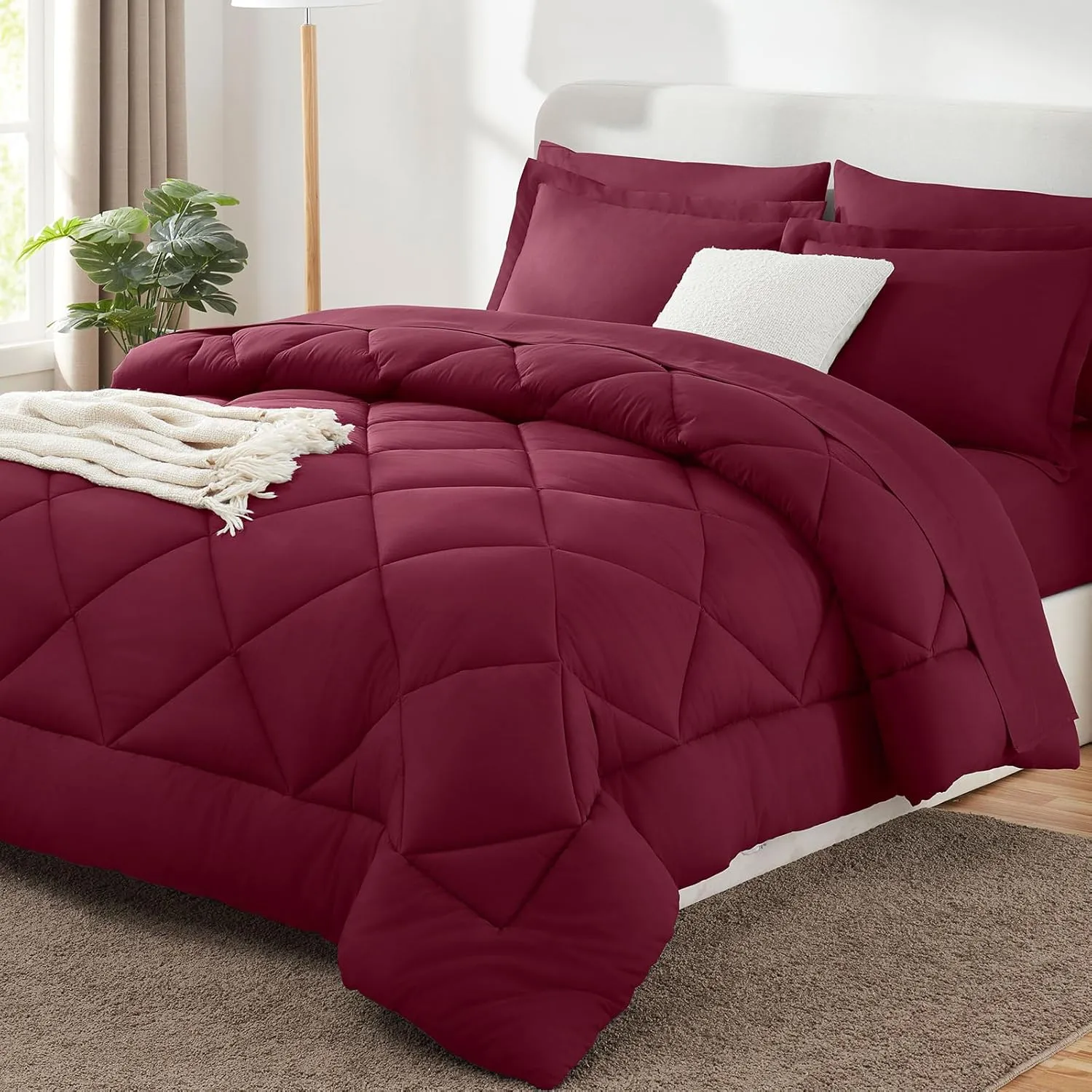 CozyLux Queen Comforter Set with Sheets 7 Pieces Bed in a Bag Burgundy All Season Bedding Sets with Comforter, Pillow Shams, Flat Sheet, Fitted Sheet and Pillowcases, Red, Queen