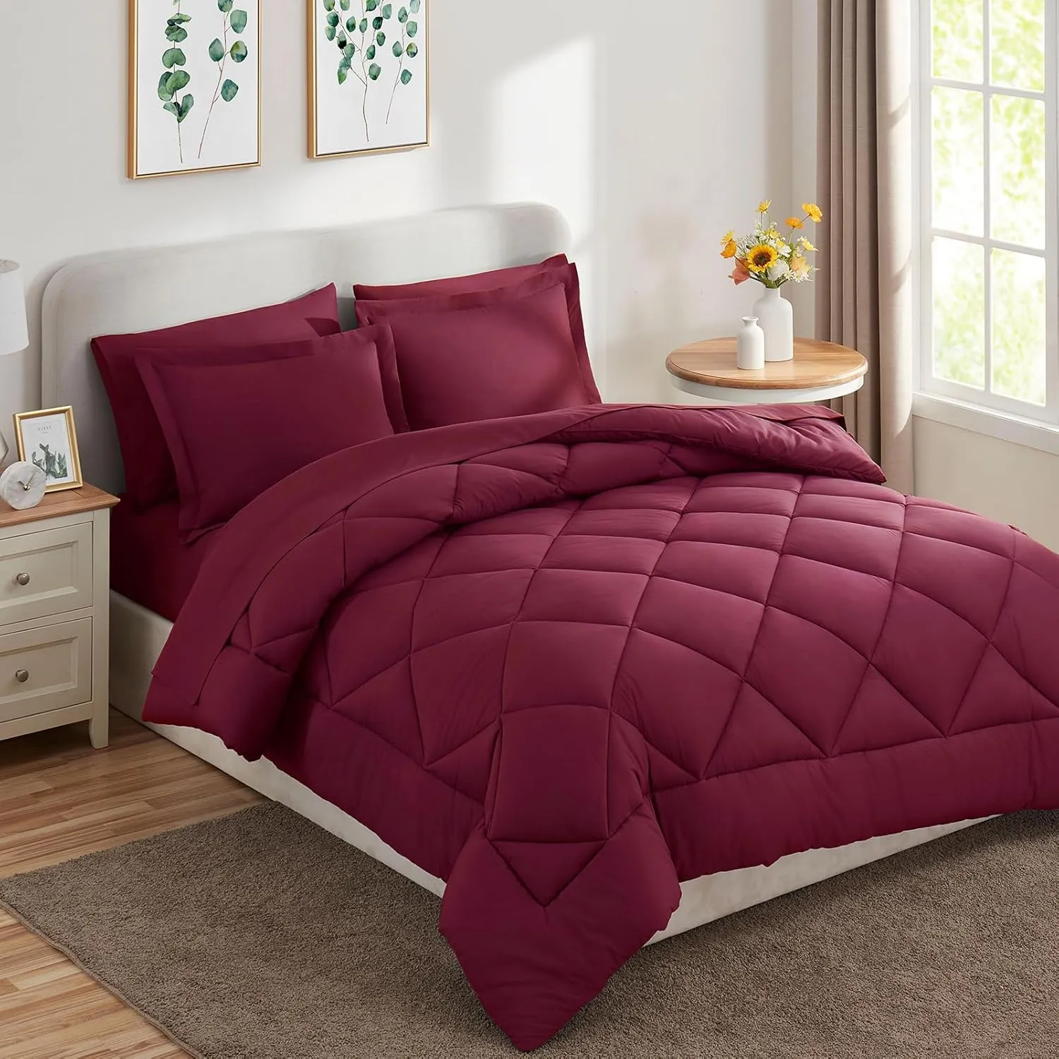 CozyLux Queen Comforter Set with Sheets 7 Pieces Bed in a Bag Burgundy All Season Bedding Sets with Comforter, Pillow Shams, Flat Sheet, Fitted Sheet and Pillowcases, Red, Queen