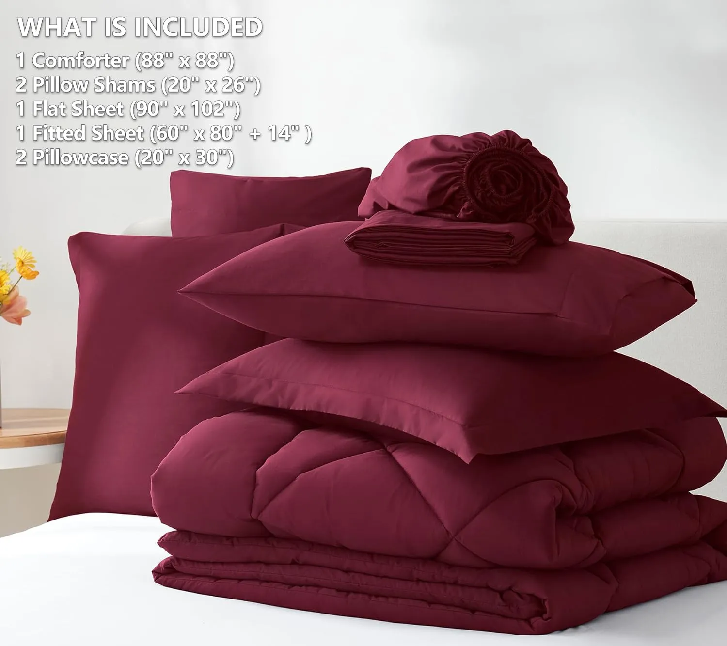 CozyLux Queen Comforter Set with Sheets 7 Pieces Bed in a Bag Burgundy All Season Bedding Sets with Comforter, Pillow Shams, Flat Sheet, Fitted Sheet and Pillowcases, Red, Queen