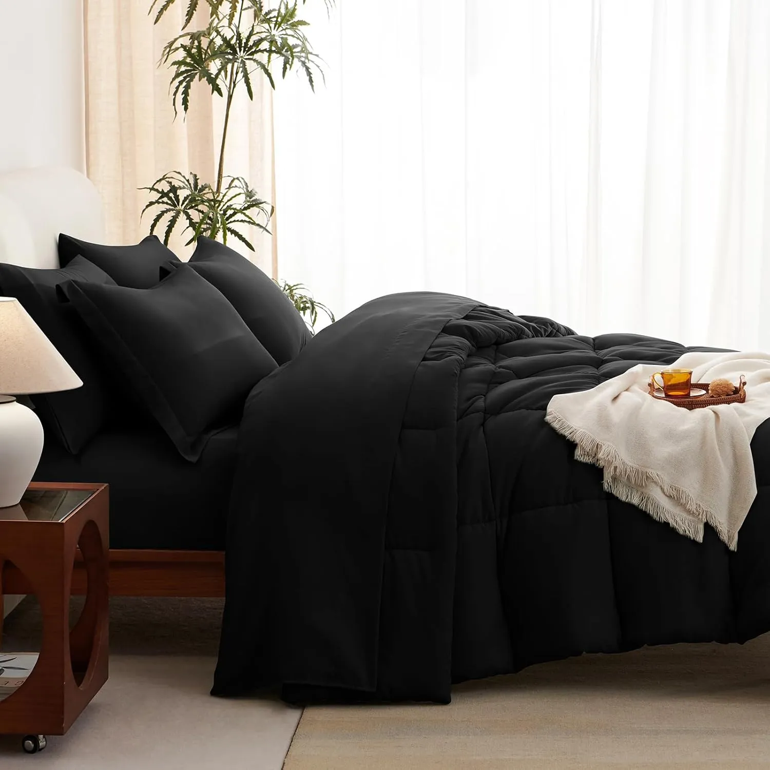 CozyLux Twin XL Comforter Set 5 Pieces Bed in a Bag Black Twin XL Complete XL Twin Bedding Sets Bed Set Extra Long for All Season with Comforter, Flat Sheets, Fitted Sheet, Pillowcases & Shams
