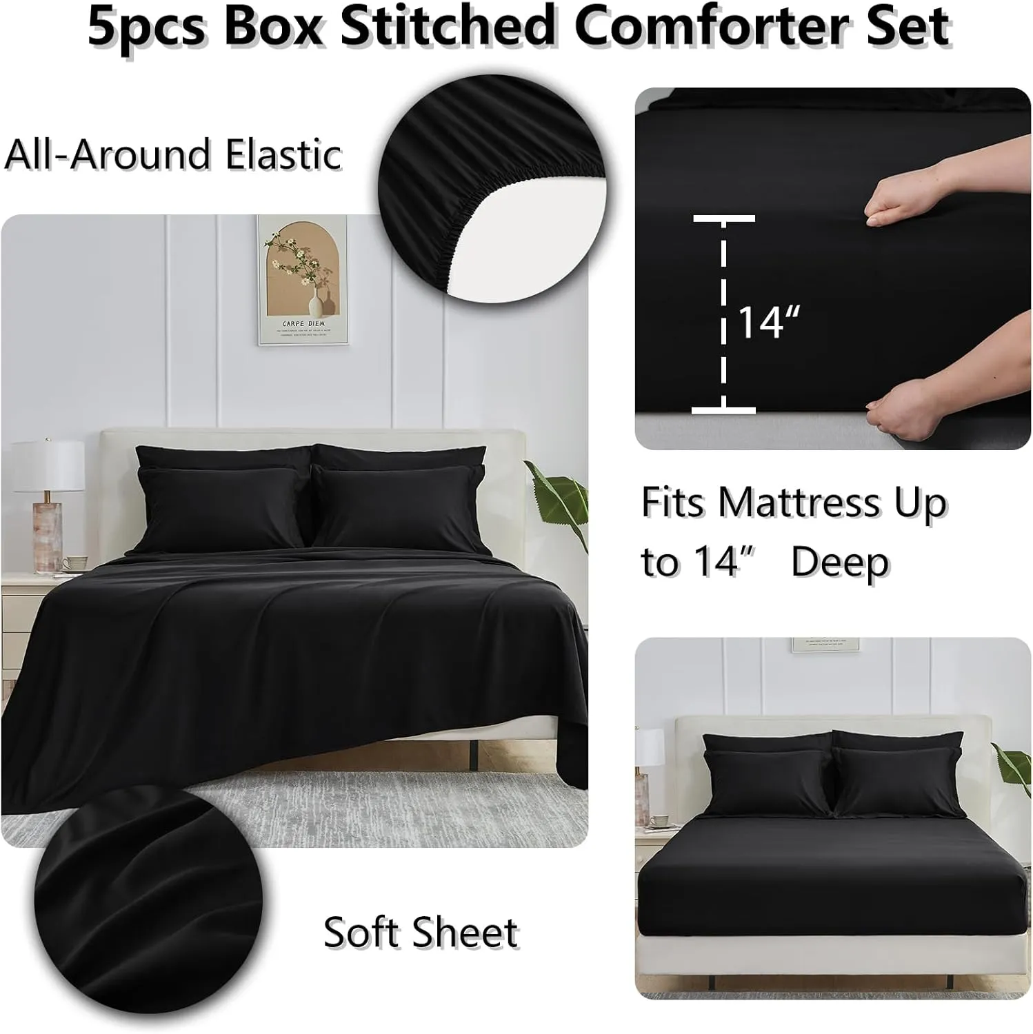 CozyLux Twin XL Comforter Set 5 Pieces Bed in a Bag Black Twin XL Complete XL Twin Bedding Sets Bed Set Extra Long for All Season with Comforter, Flat Sheets, Fitted Sheet, Pillowcases & Shams