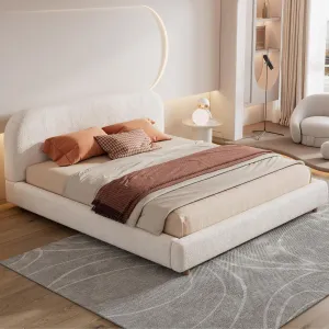 Curve-Shaped Upholstered Platform Bed with Curved Shaped Headboard, King Size Wood Frame for Kids Adults Bedroom Furniture, Boucle Fabric Thick Fabric Upholstered Grounded