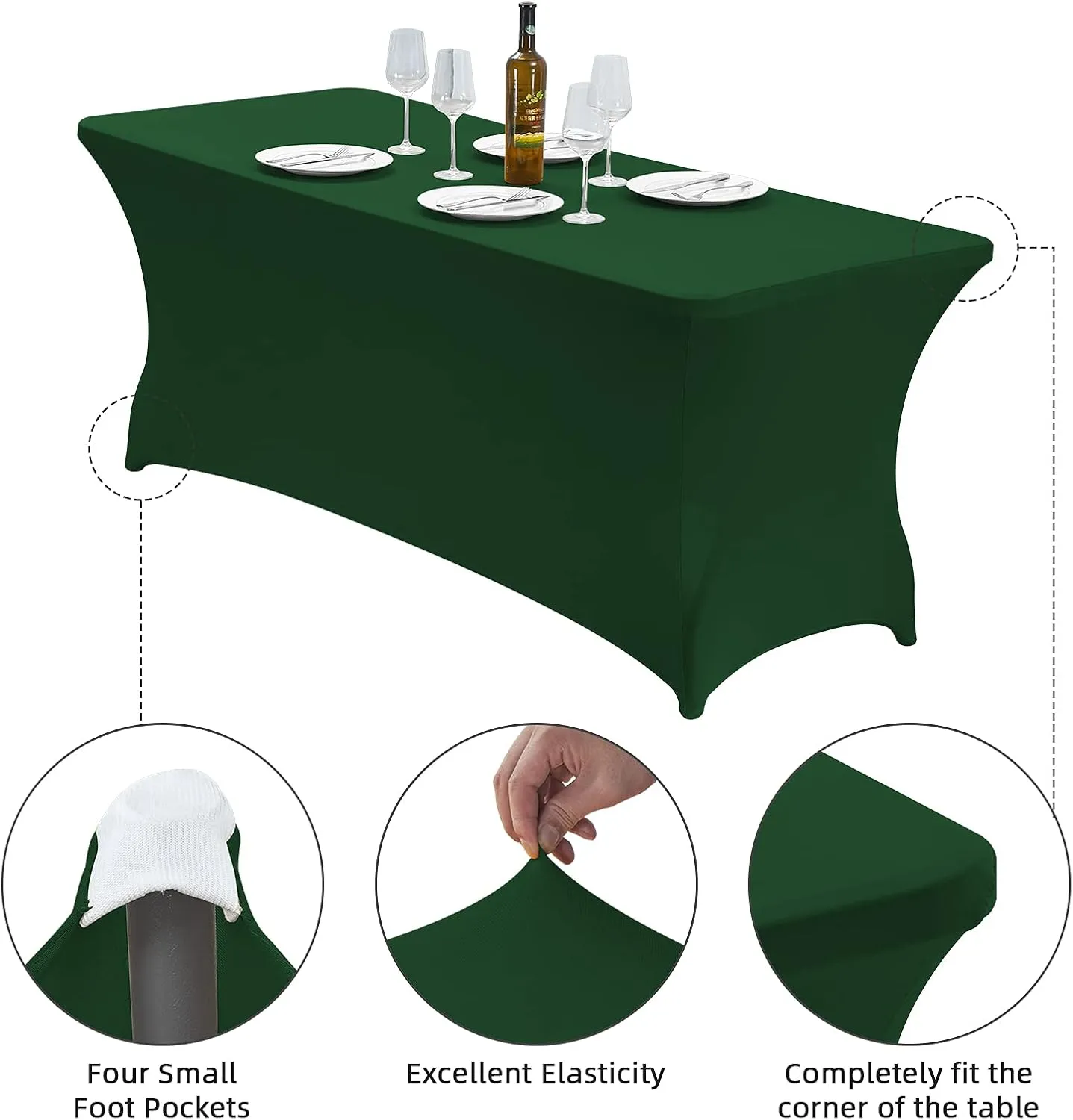 CWK 6FT Stretch Spandex Table Cover for Rectangular Fitted Folding Tables, Wrinkle Resistant, Elastic Stretchable Patio Tablecloth Protector for Party, Banquet, Wedding and Events (Blackish Green)