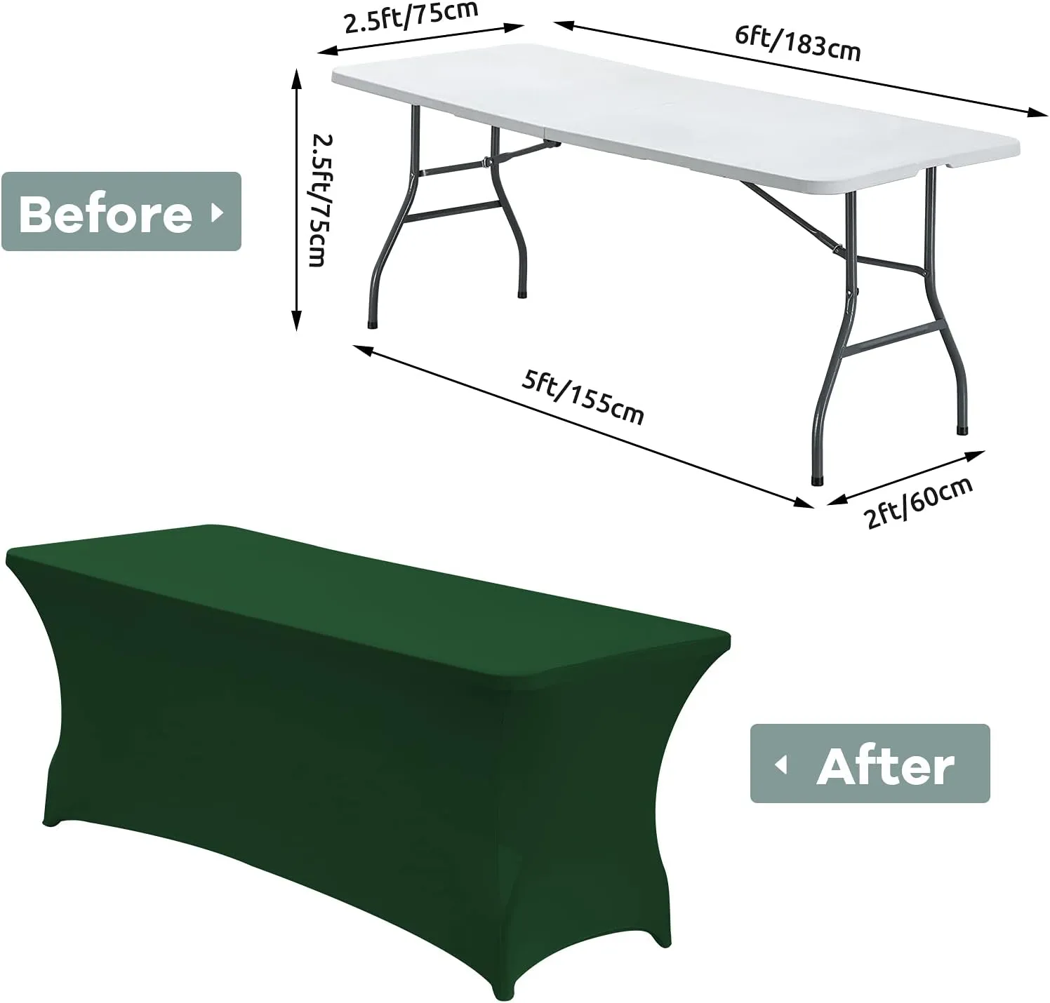 CWK 6FT Stretch Spandex Table Cover for Rectangular Fitted Folding Tables, Wrinkle Resistant, Elastic Stretchable Patio Tablecloth Protector for Party, Banquet, Wedding and Events (Blackish Green)