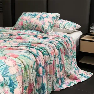 Cyusri Floral Print Cooling Comforter Set 3Pcs Breathable Cool Queen Size Bedding Set with 2 Pillowcases Pink Tulip Pattern Silky Cold Quilt, 90"x90"
