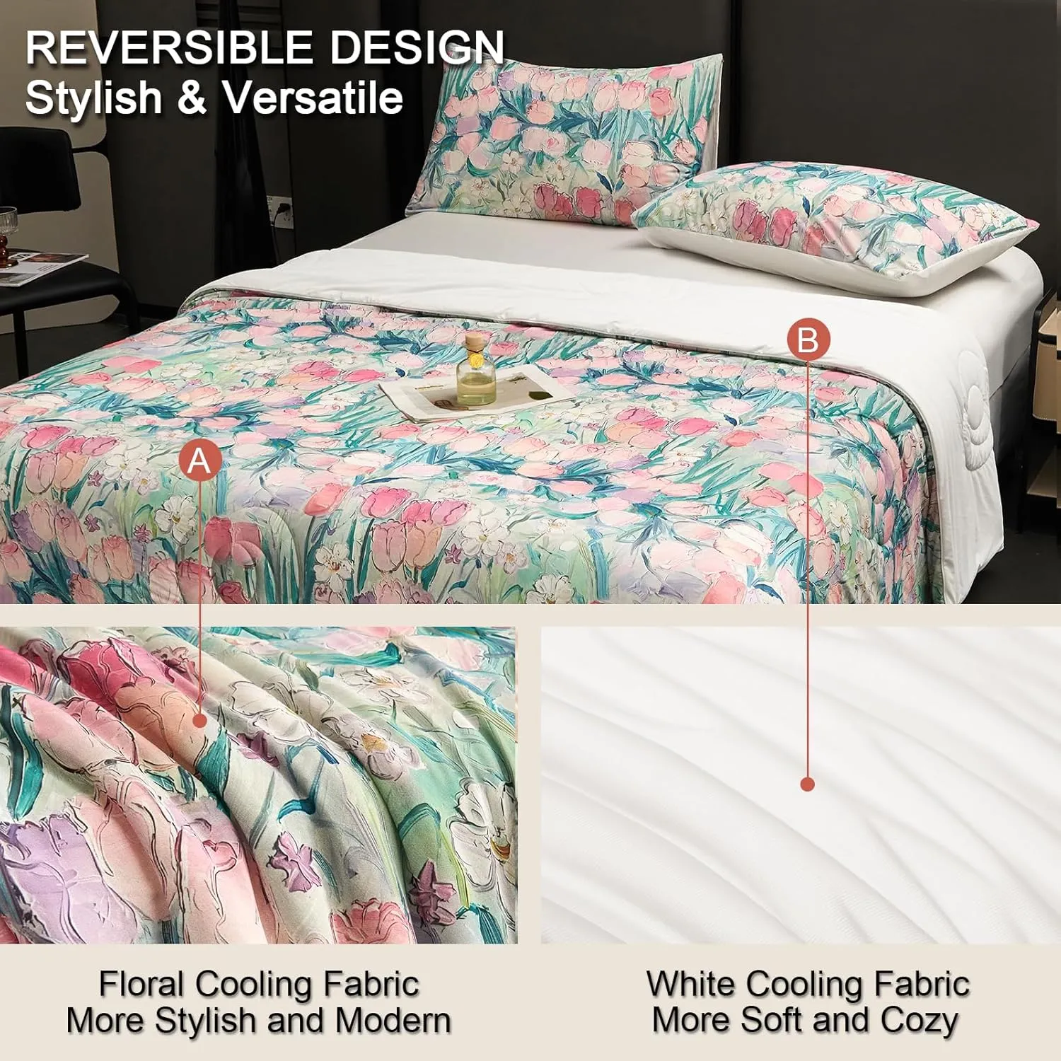 Cyusri Floral Print Cooling Comforter Set 3Pcs Breathable Cool Queen Size Bedding Set with 2 Pillowcases Pink Tulip Pattern Silky Cold Quilt, 90"x90"