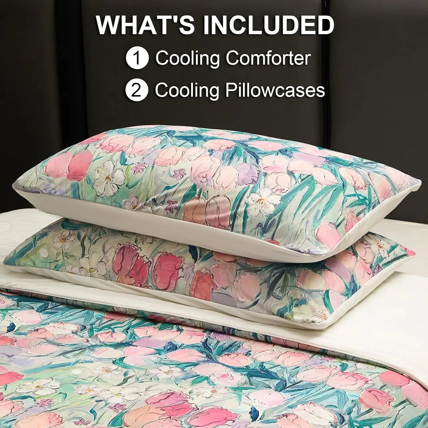 Cyusri Floral Print Cooling Comforter Set 3Pcs Breathable Cool Queen Size Bedding Set with 2 Pillowcases Pink Tulip Pattern Silky Cold Quilt, 90"x90"